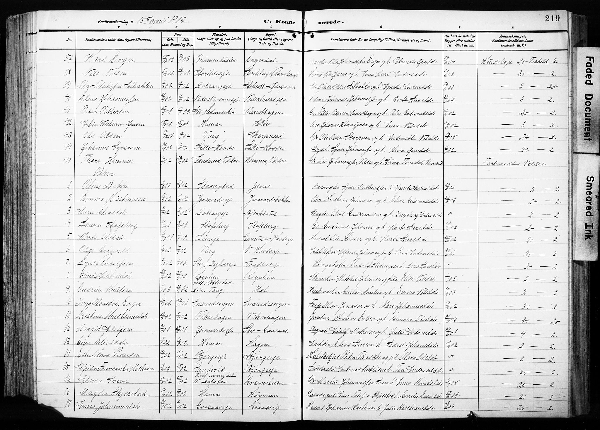 Furnes prestekontor, AV/SAH-PREST-012/L/La/L0001: Klokkerbok nr. 1, 1904-1933, s. 219