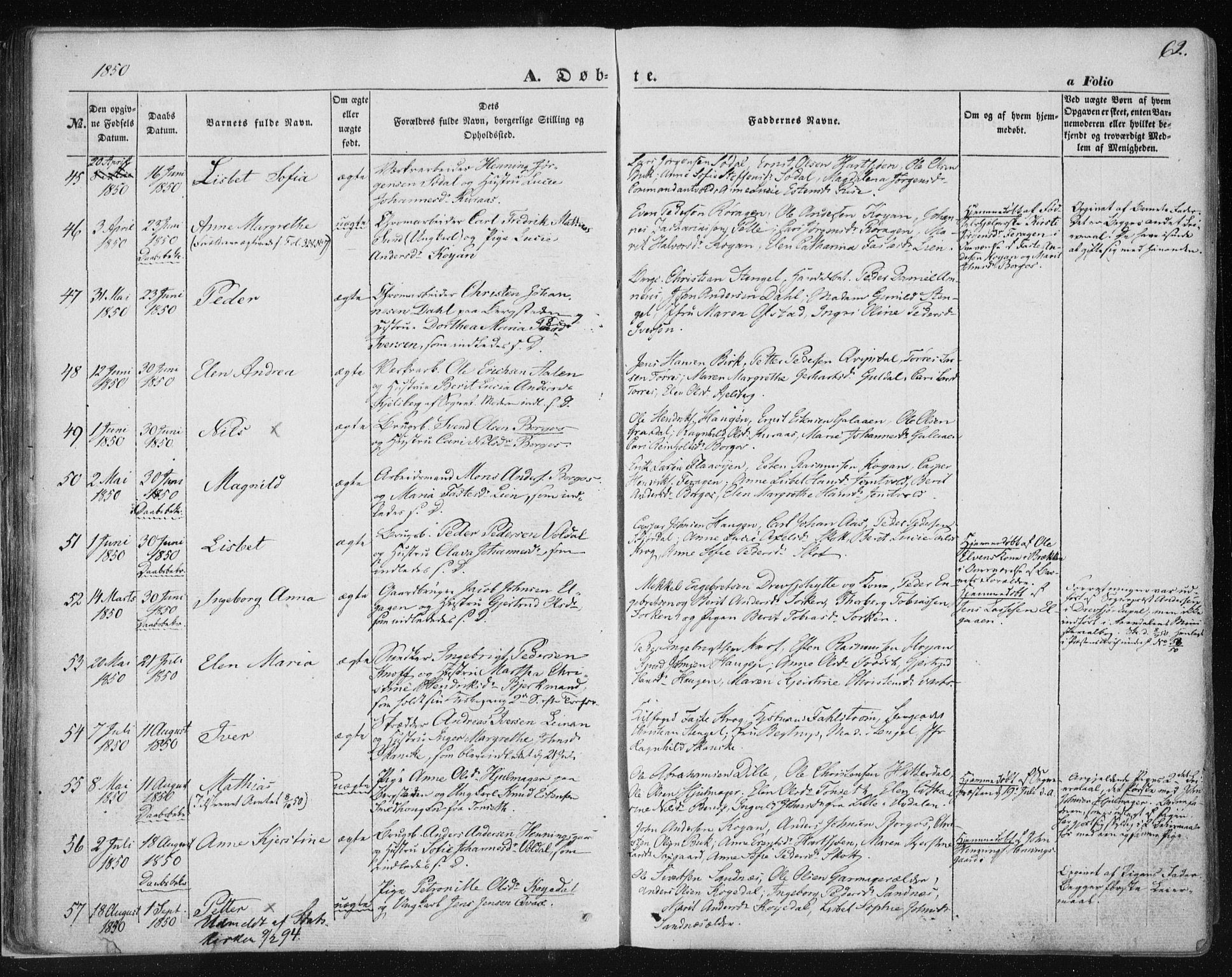 Ministerialprotokoller, klokkerbøker og fødselsregistre - Sør-Trøndelag, SAT/A-1456/681/L0931: Ministerialbok nr. 681A09, 1845-1859, s. 62