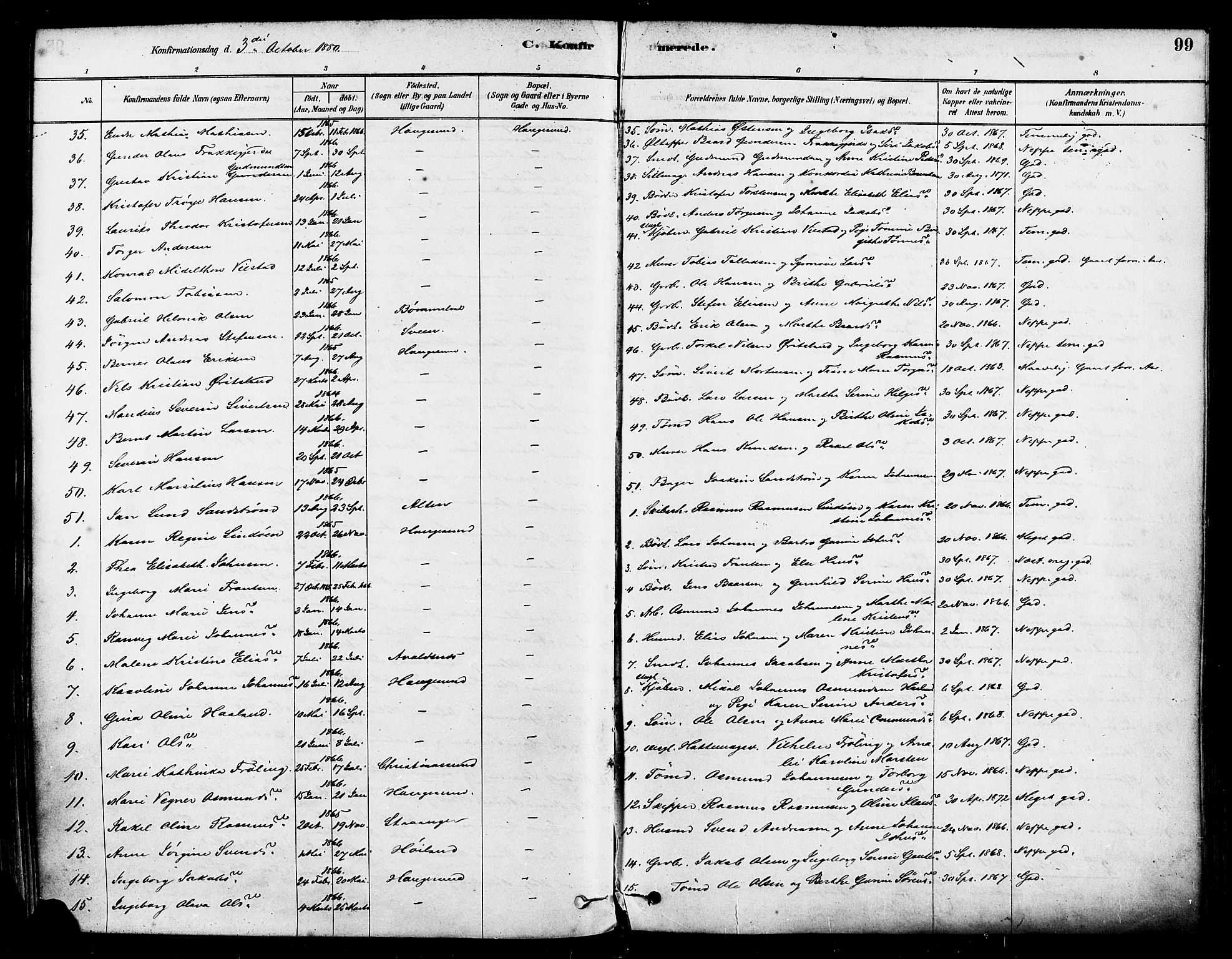 Haugesund sokneprestkontor, AV/SAST-A -101863/H/Ha/Haa/L0001: Ministerialbok nr. A 1, 1878-1885, s. 99
