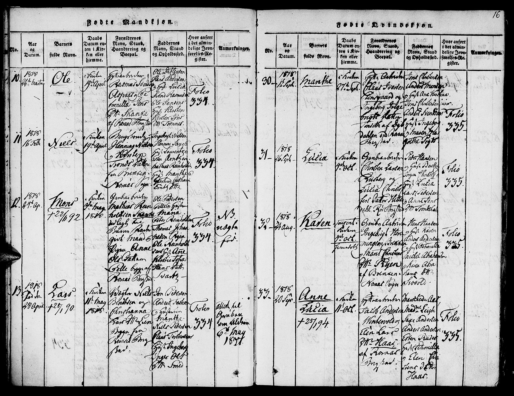 Ministerialprotokoller, klokkerbøker og fødselsregistre - Sør-Trøndelag, SAT/A-1456/681/L0929: Ministerialbok nr. 681A07, 1817-1828, s. 16
