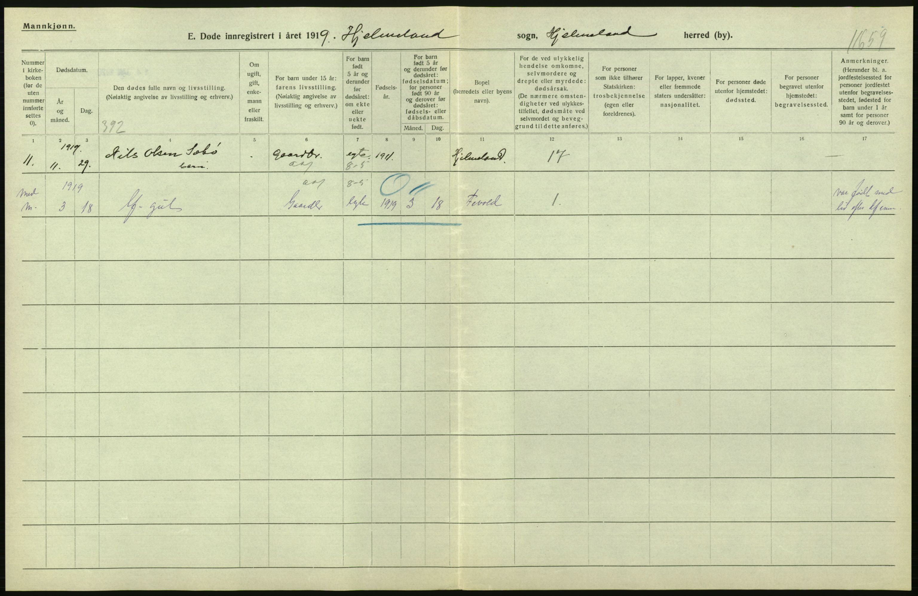 Statistisk sentralbyrå, Sosiodemografiske emner, Befolkning, RA/S-2228/D/Df/Dfb/Dfbi/L0030: Rogaland fylke: Døde. Bygder og byer., 1919, s. 118