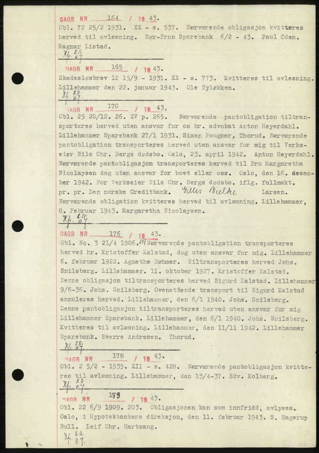 Sør-Gudbrandsdal tingrett, SAH/TING-004/H/Hb/Hbf/L0002: Pantebok nr. C1, 1938-1951, Dagboknr: 164/1943