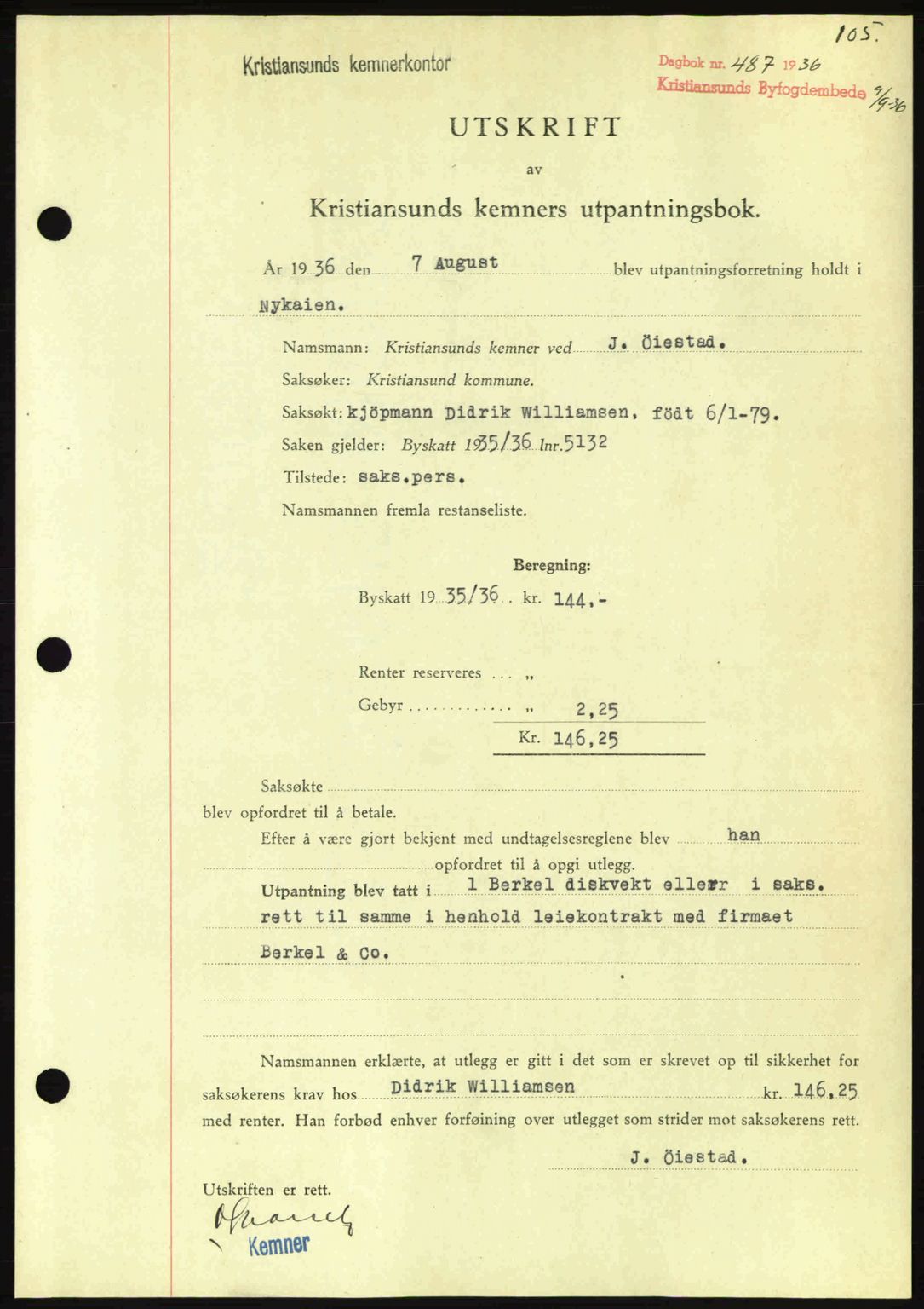Kristiansund byfogd, SAT/A-4587/A/27: Pantebok nr. 29, 1936-1937, Dagboknr: 487/1936
