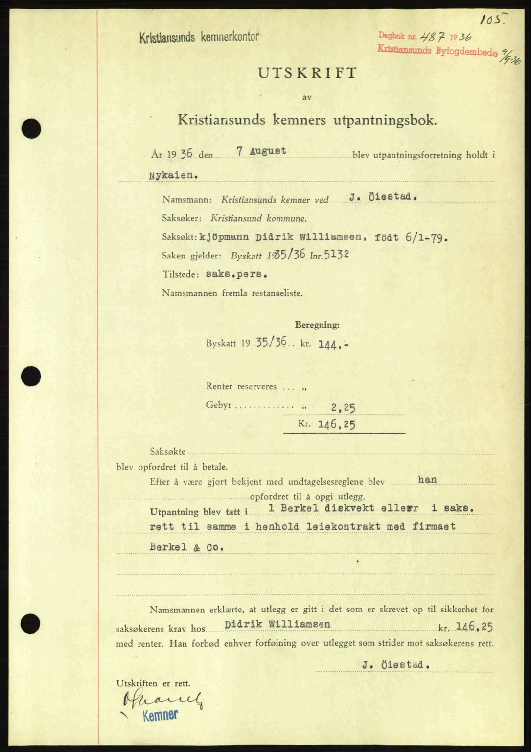 Kristiansund byfogd, AV/SAT-A-4587/A/27: Pantebok nr. 29, 1936-1937, Dagboknr: 487/1936