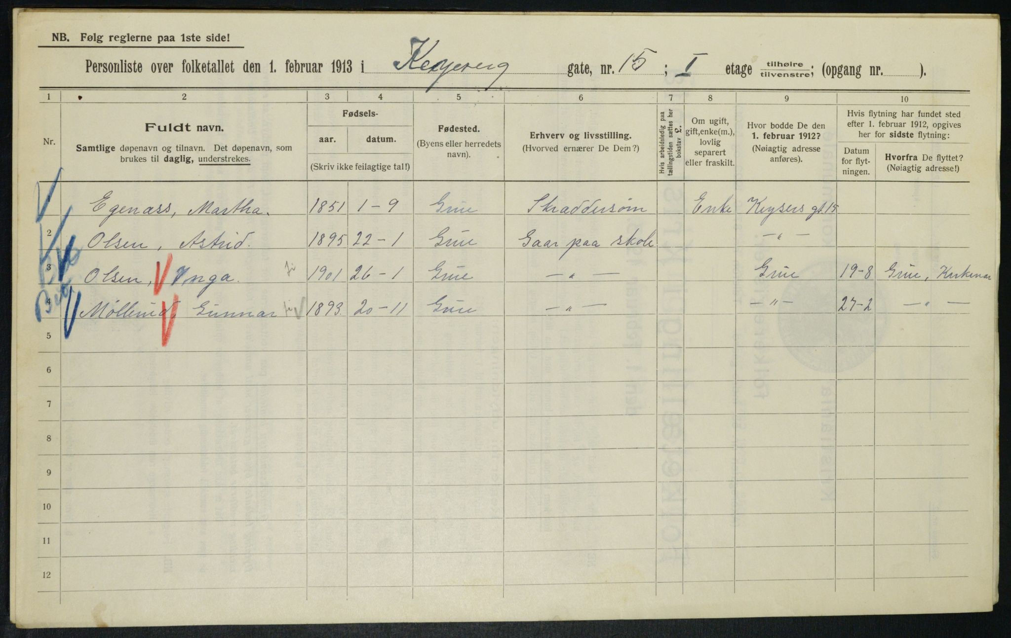 OBA, Kommunal folketelling 1.2.1913 for Kristiania, 1913, s. 49153