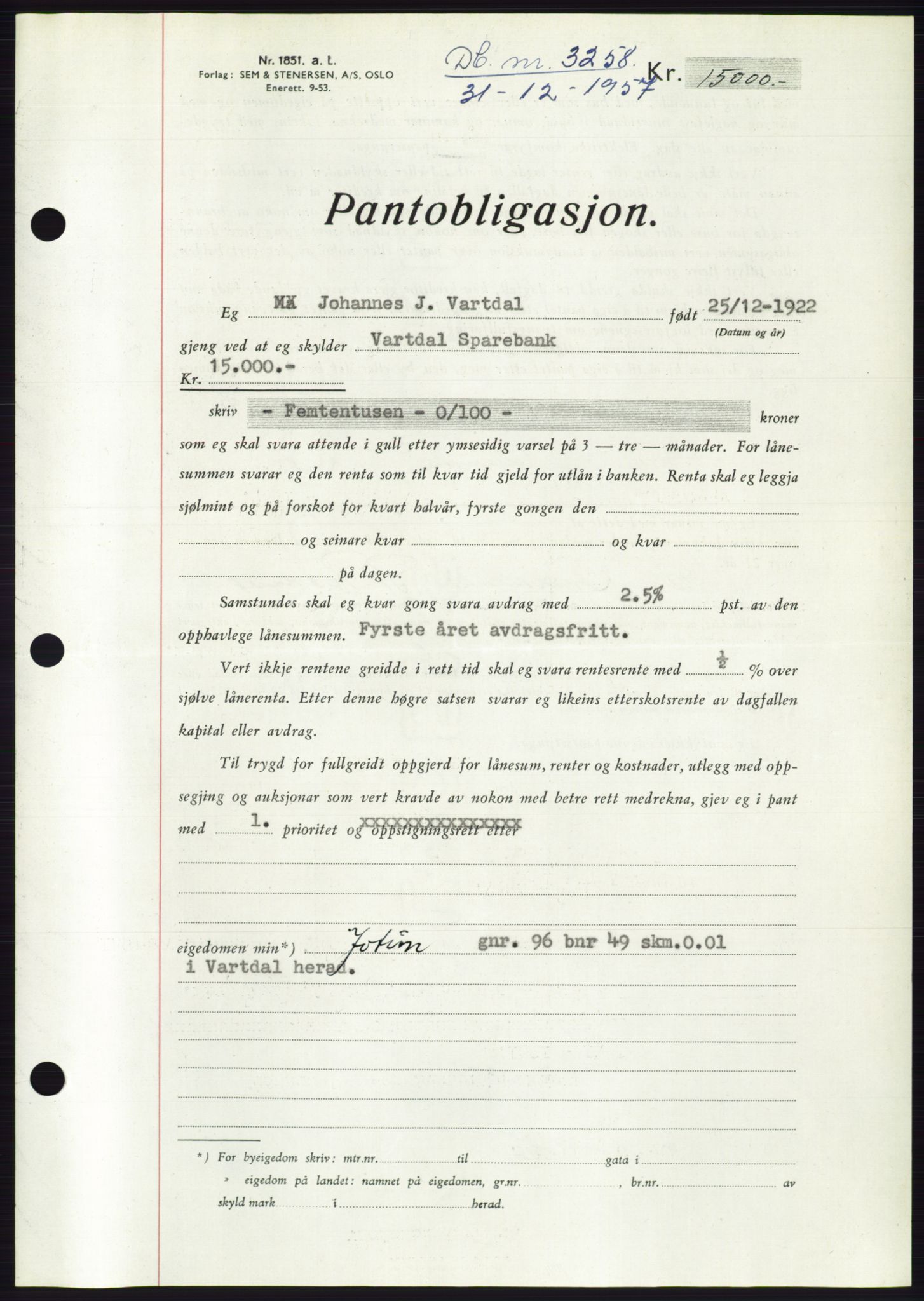 Søre Sunnmøre sorenskriveri, AV/SAT-A-4122/1/2/2C/L0130: Pantebok nr. 18B, 1957-1958, Dagboknr: 3258/1957