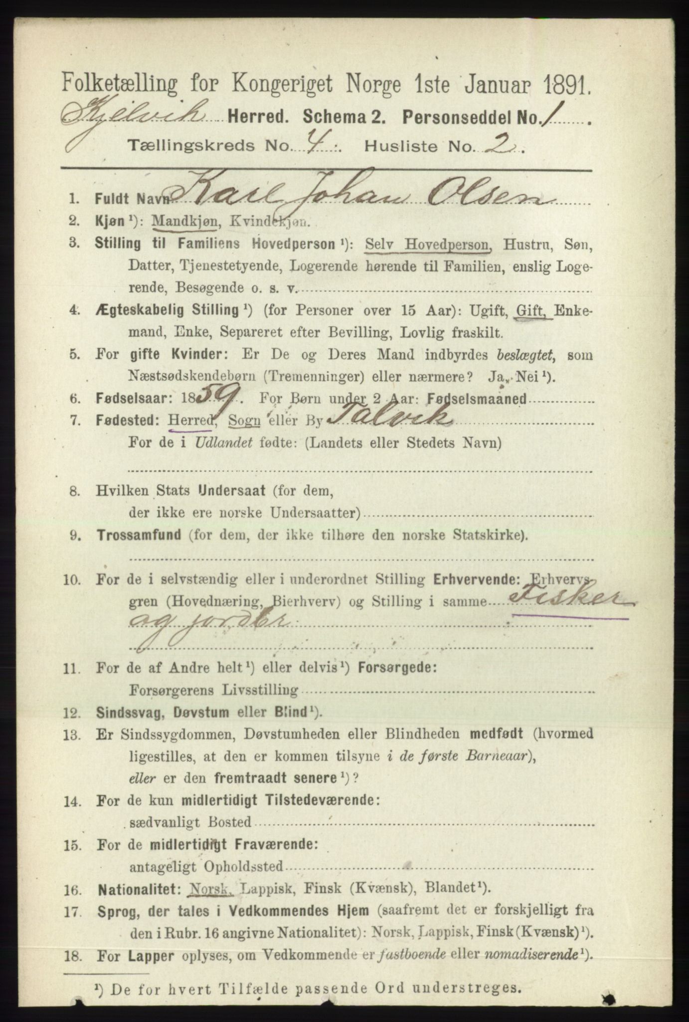RA, Folketelling 1891 for 2019 Kjelvik herred, 1891, s. 429