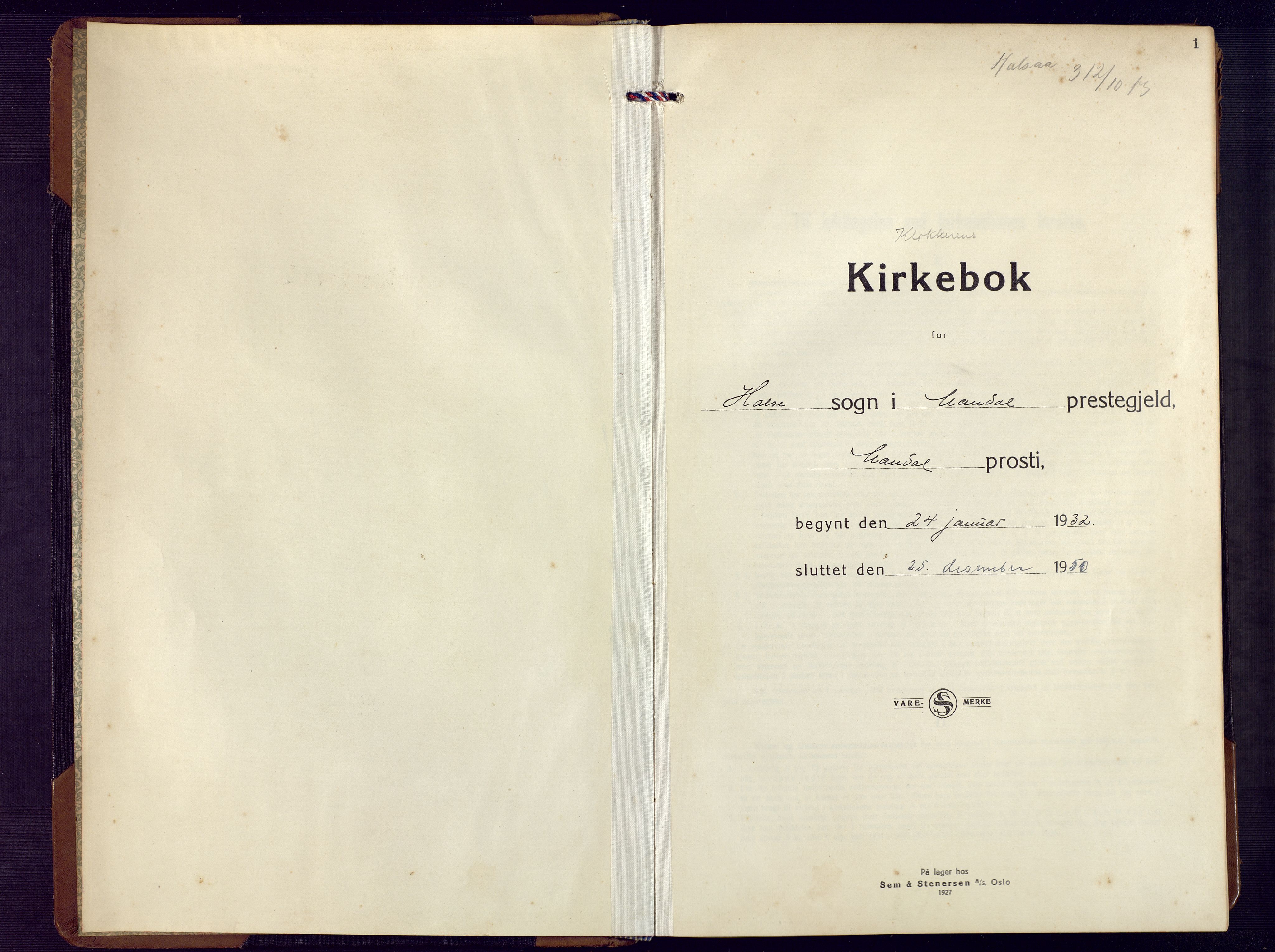 Mandal sokneprestkontor, SAK/1111-0030/F/Fb/Fba/L0014: Klokkerbok nr. B 8, 1932-1952, s. 1