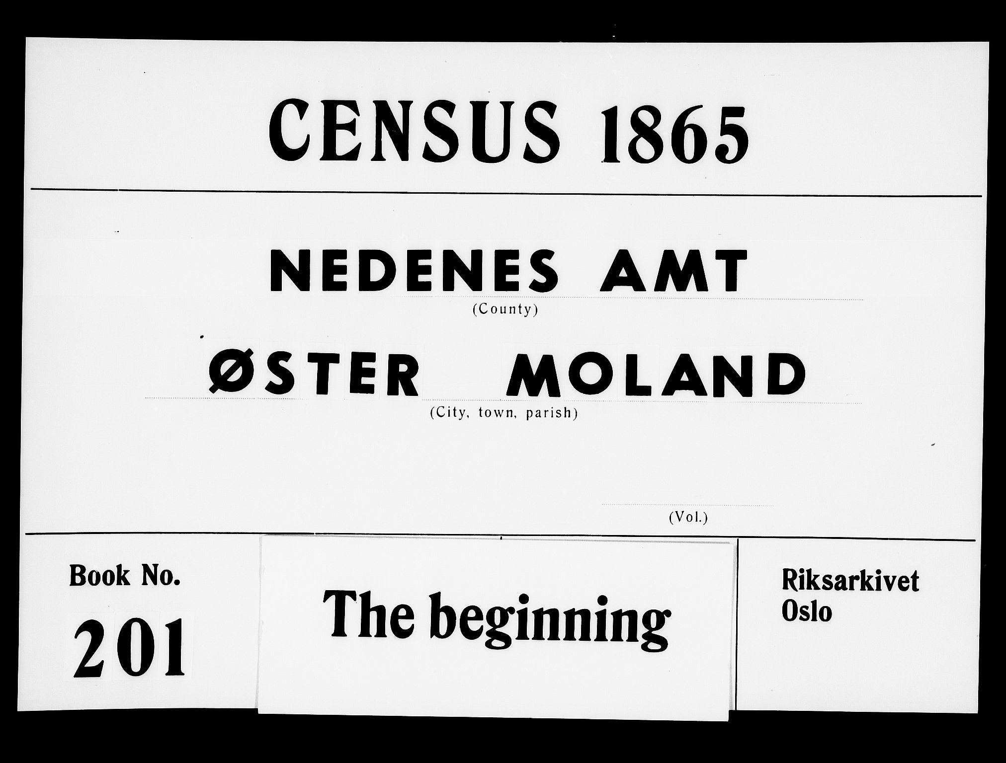 RA, Folketelling 1865 for 0918P Austre Moland prestegjeld, 1865, s. 1