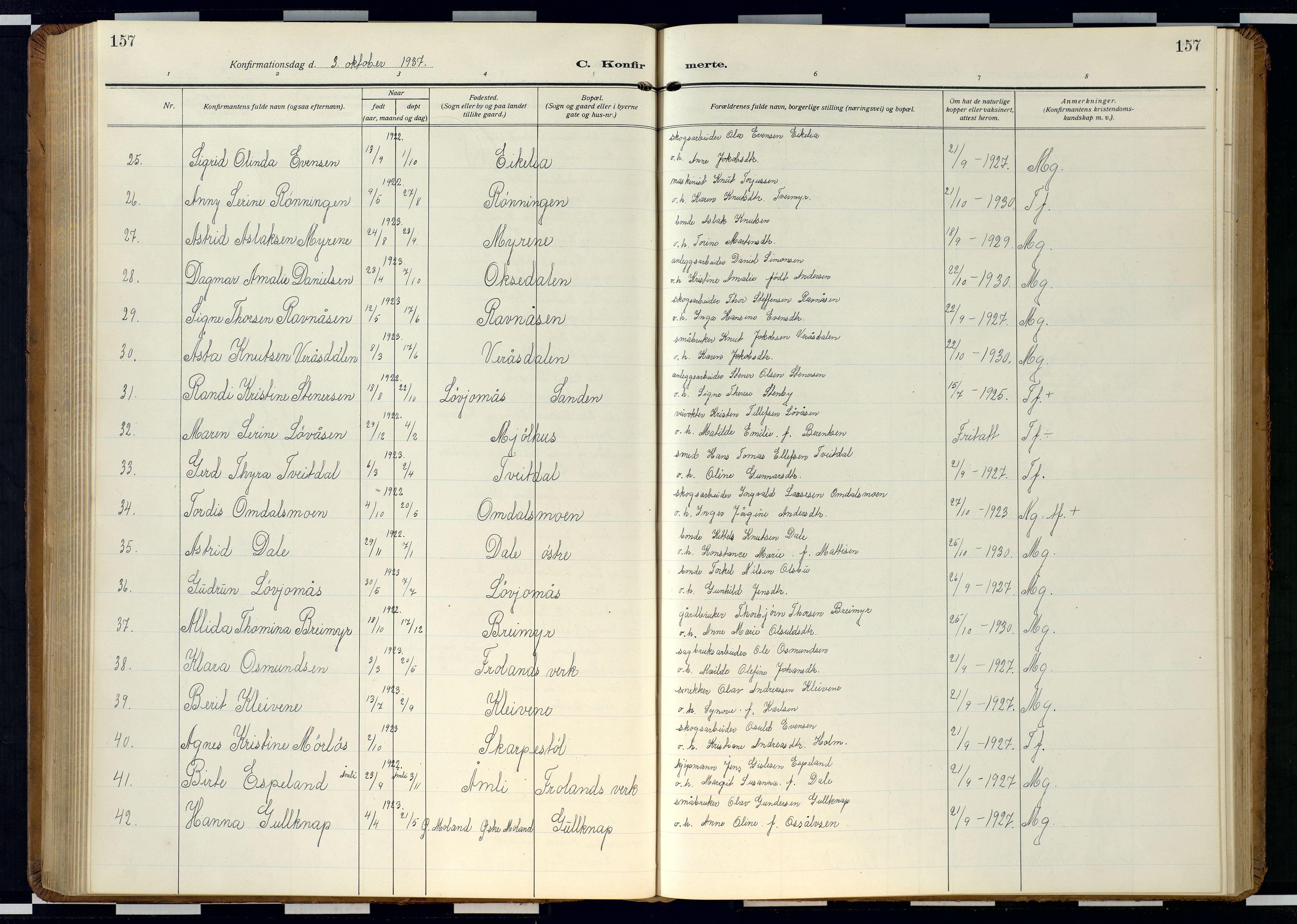 Froland sokneprestkontor, AV/SAK-1111-0013/F/Fb/L0011: Klokkerbok nr. B 11, 1921-1947, s. 157