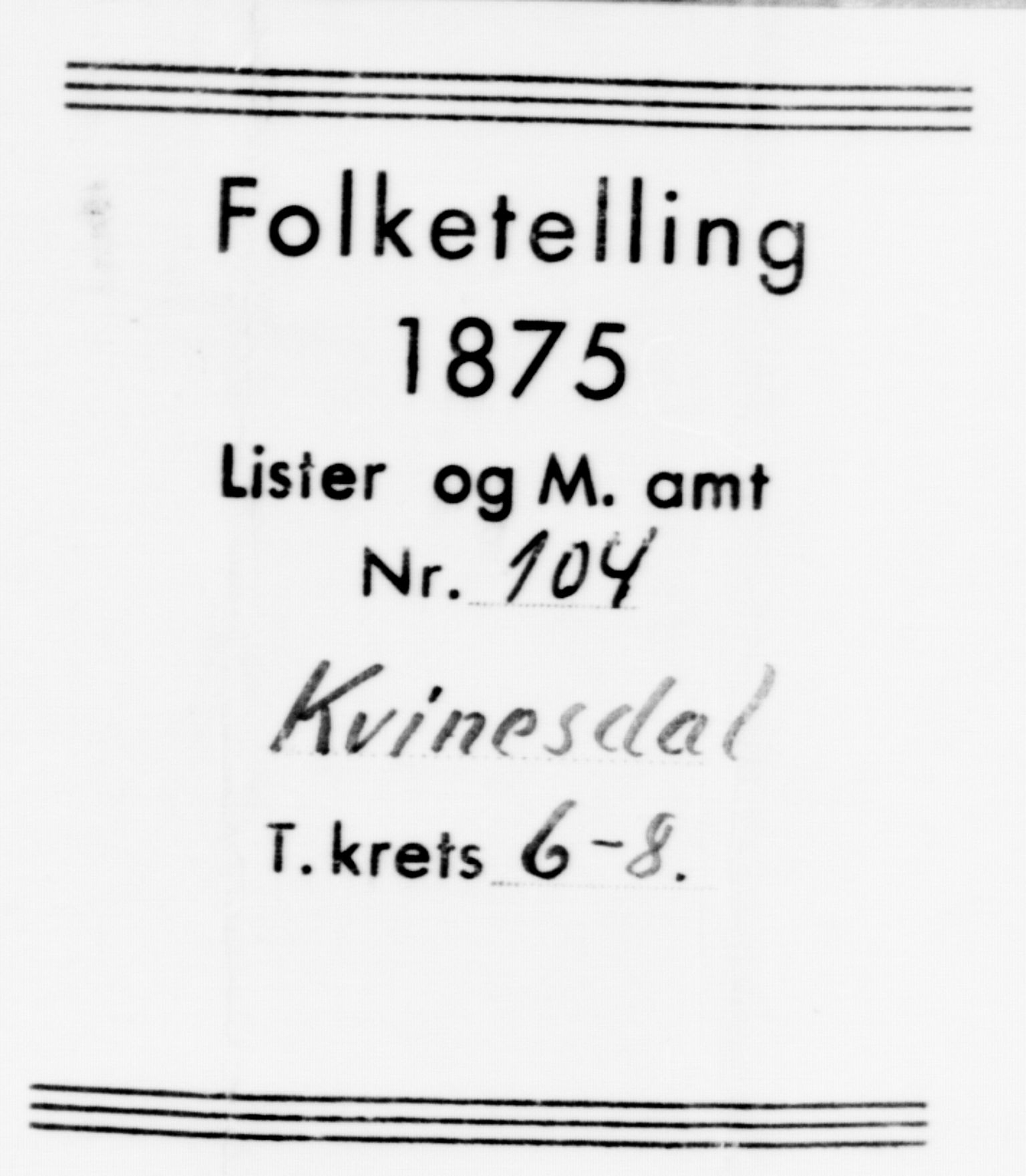 SAK, Folketelling 1875 for 1037P Kvinesdal prestegjeld, 1875, s. 911