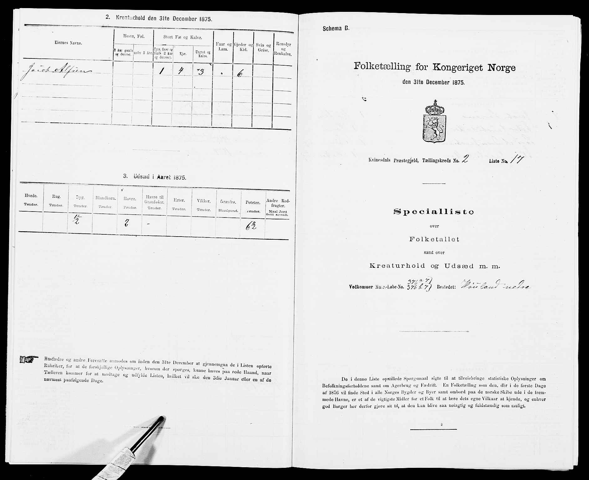 SAK, Folketelling 1875 for 1037P Kvinesdal prestegjeld, 1875, s. 305