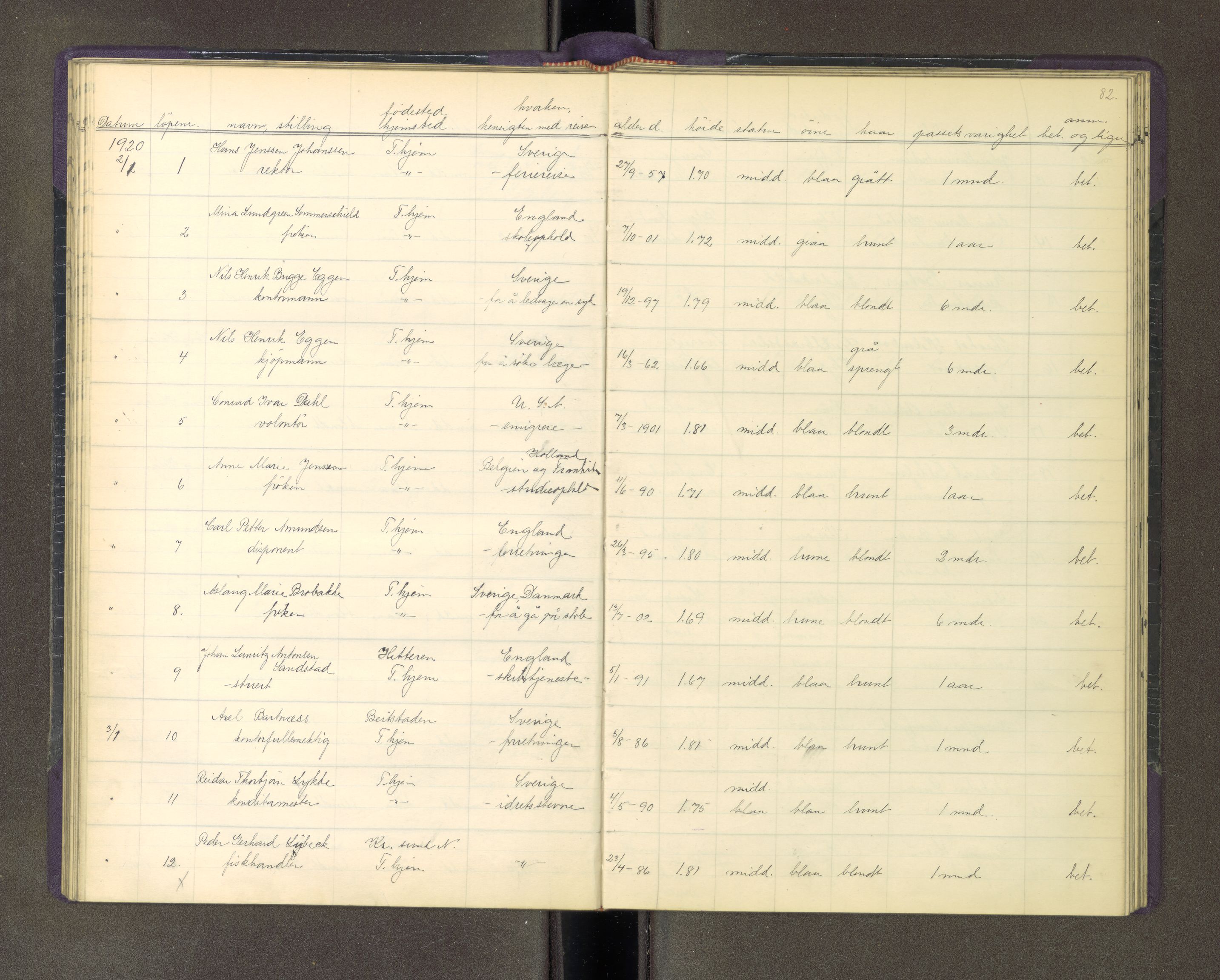 Trondheim politikammer, AV/SAT-A-1887/1/30/L0018: Passprotokoll. Utstedte pass 22.08-19.05, 1919-1920, s. 82