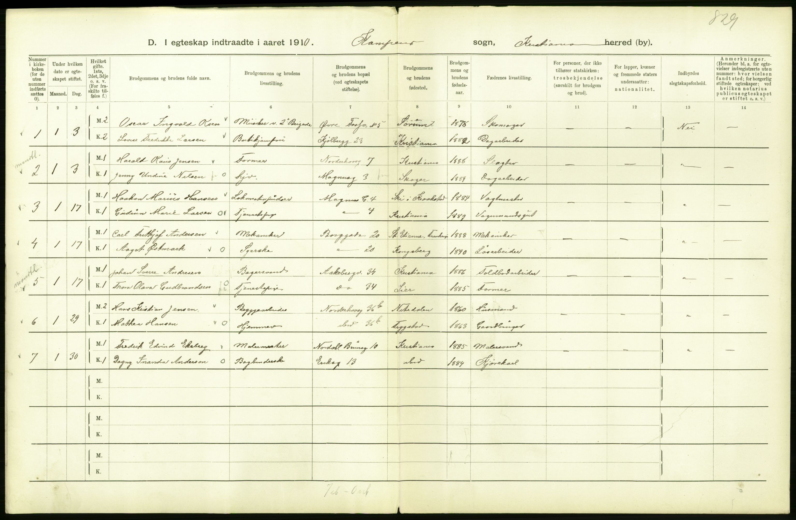 Statistisk sentralbyrå, Sosiodemografiske emner, Befolkning, RA/S-2228/D/Df/Dfa/Dfah/L0009: Kristiania: Gifte og dødfødte., 1910, s. 106