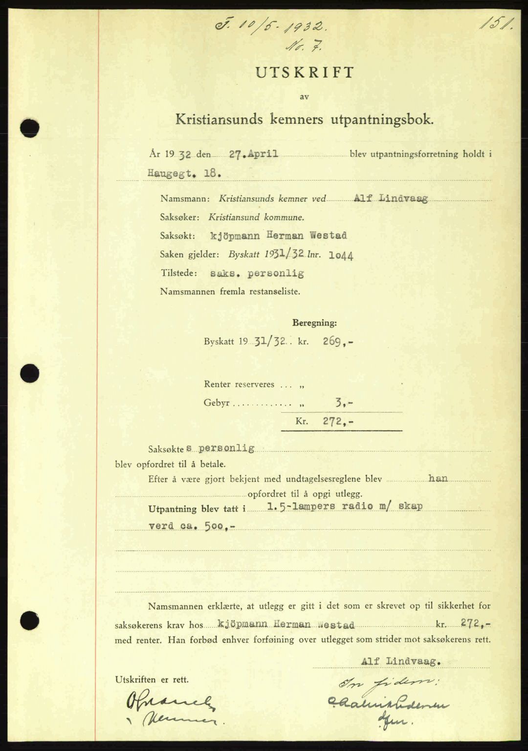 Kristiansund byfogd, SAT/A-4587/A/27: Pantebok nr. 26, 1931-1933, Tingl.dato: 10.05.1932