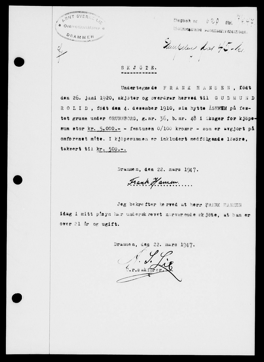 Holmestrand sorenskriveri, SAKO/A-67/G/Ga/Gaa/L0062: Pantebok nr. A-62, 1947-1947, Dagboknr: 620/1947