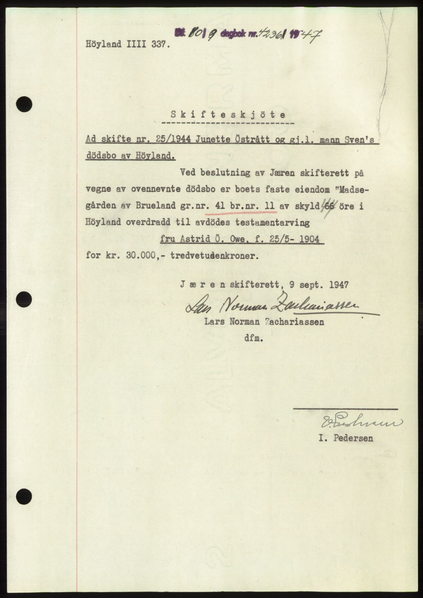 Jæren sorenskriveri, SAST/A-100310/03/G/Gba/L0096: Pantebok, 1947-1947, Dagboknr: 4236/1947