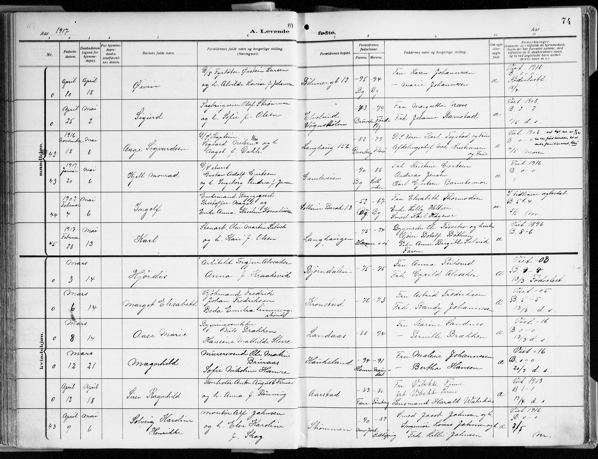 Årstad Sokneprestembete, AV/SAB-A-79301/H/Haa/L0003: Ministerialbok nr. A 3, 1914-1919, s. 74