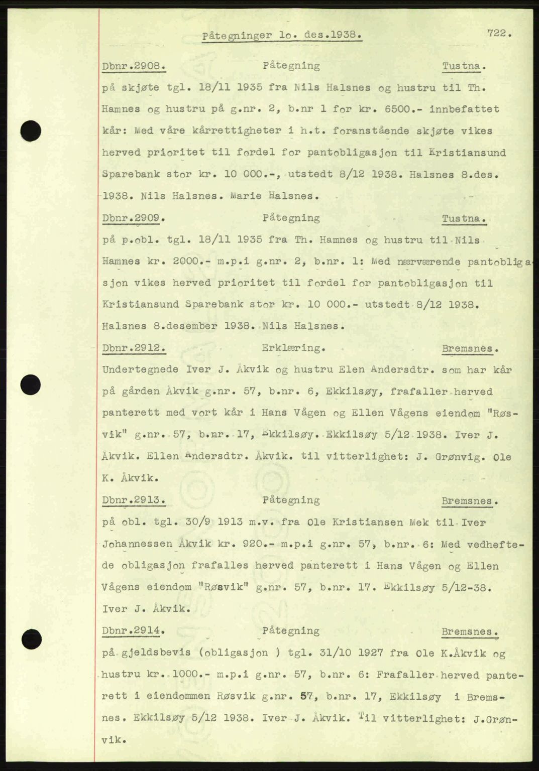 Nordmøre sorenskriveri, SAT/A-4132/1/2/2Ca: Pantebok nr. C80, 1936-1939, Dagboknr: 2908/1938