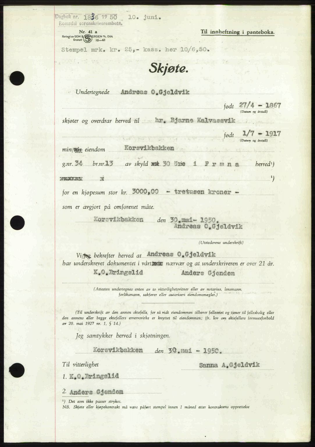 Romsdal sorenskriveri, SAT/A-4149/1/2/2C: Pantebok nr. A33, 1950-1950, Dagboknr: 1836/1950