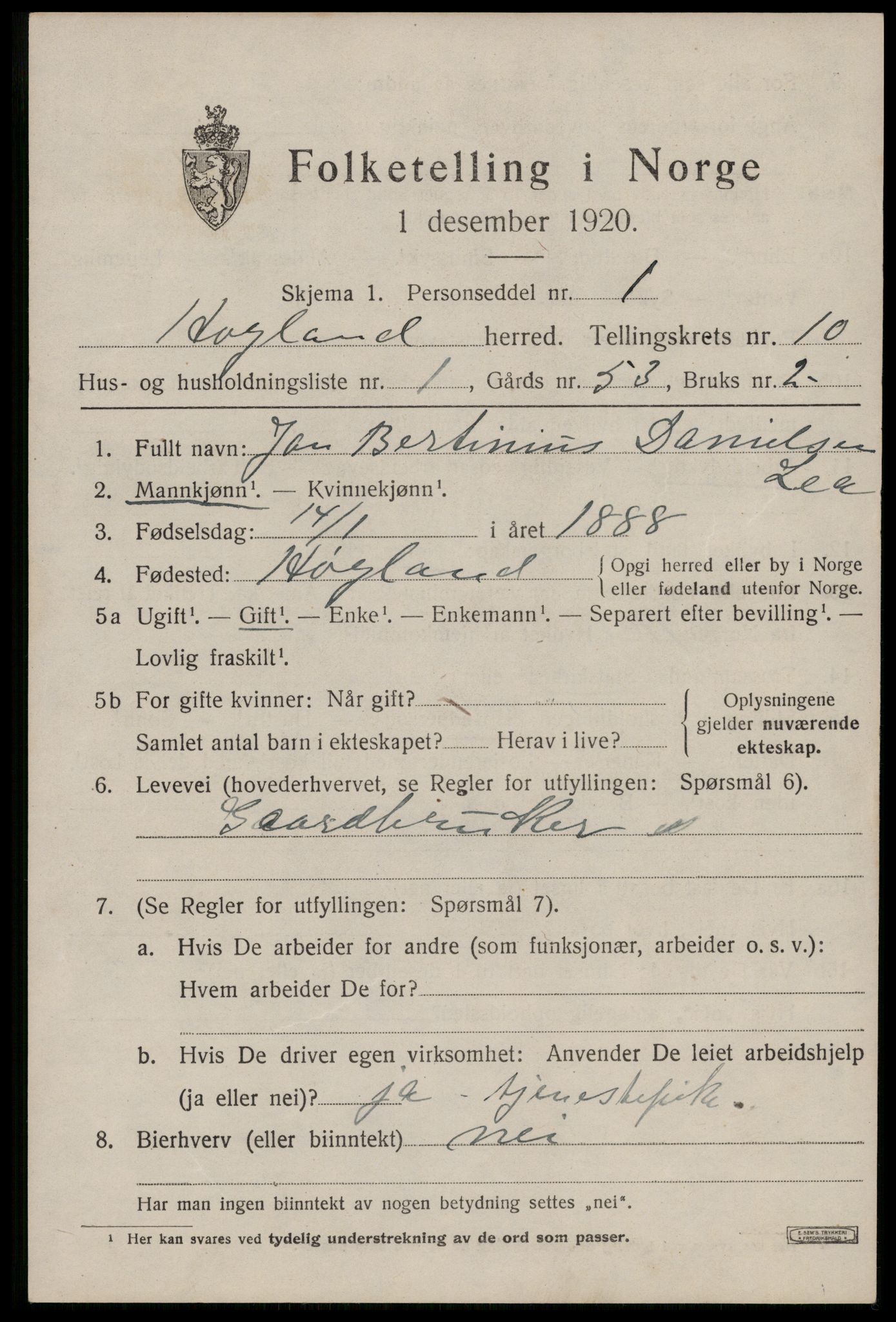 SAST, Folketelling 1920 for 1123 Høyland herred, 1920, s. 7192