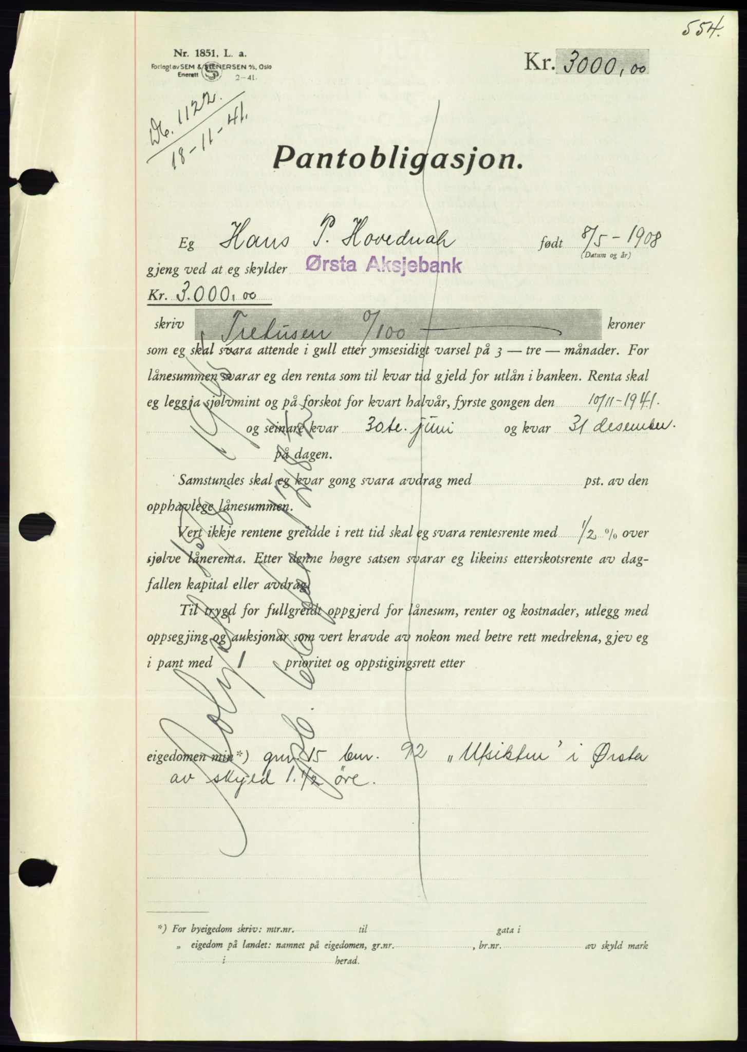 Søre Sunnmøre sorenskriveri, AV/SAT-A-4122/1/2/2C/L0071: Pantebok nr. 65, 1941-1941, Dagboknr: 1122/1941