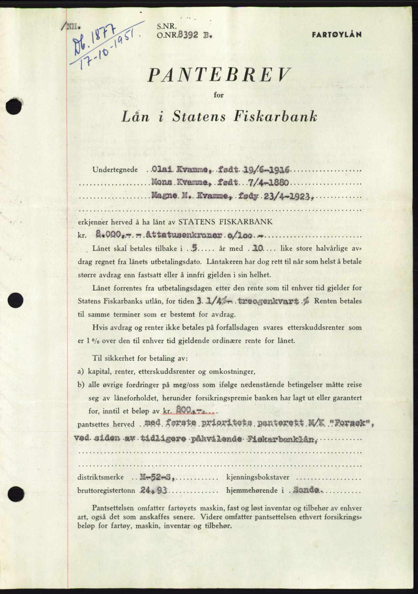 Søre Sunnmøre sorenskriveri, AV/SAT-A-4122/1/2/2C/L0120: Pantebok nr. 8B, 1951-1951, Dagboknr: 1877/1951