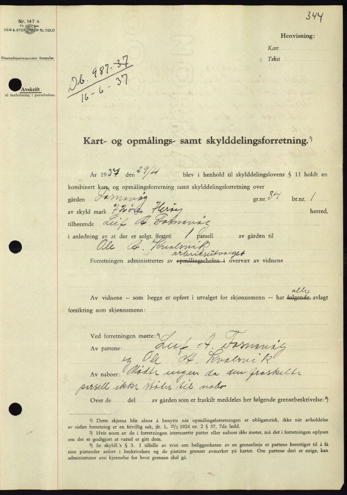 Søre Sunnmøre sorenskriveri, AV/SAT-A-4122/1/2/2C/L0063: Pantebok nr. 57, 1937-1937, Dagboknr: 987/1937