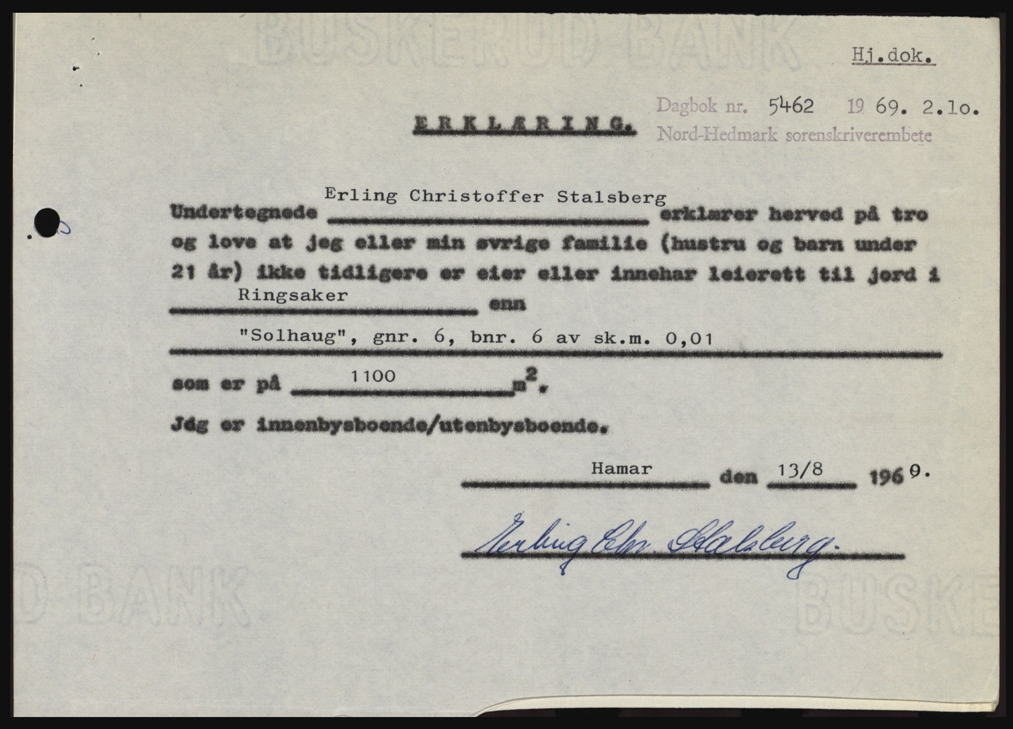 Nord-Hedmark sorenskriveri, SAH/TING-012/H/Hc/L0031: Pantebok nr. 31, 1969-1969, Dagboknr: 5462/1969