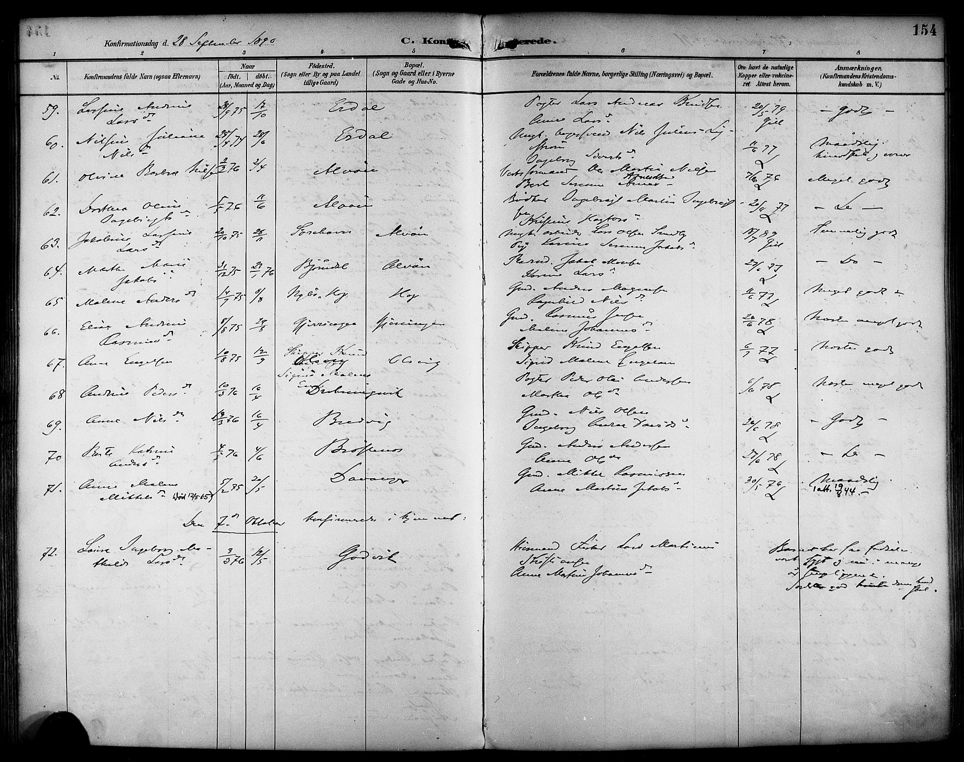 Askøy Sokneprestembete, AV/SAB-A-74101/H/Ha/Haa/Haab/L0002: Ministerialbok nr. B 2, 1889-1902, s. 154