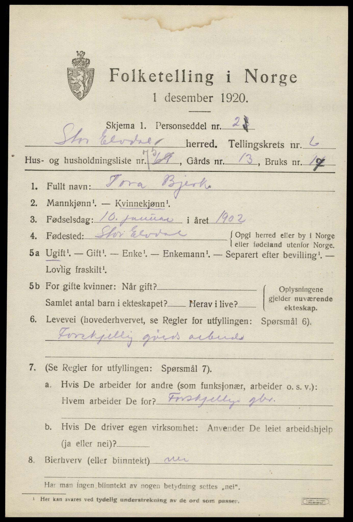 SAH, Folketelling 1920 for 0430 Stor-Elvdal herred, 1920, s. 5830