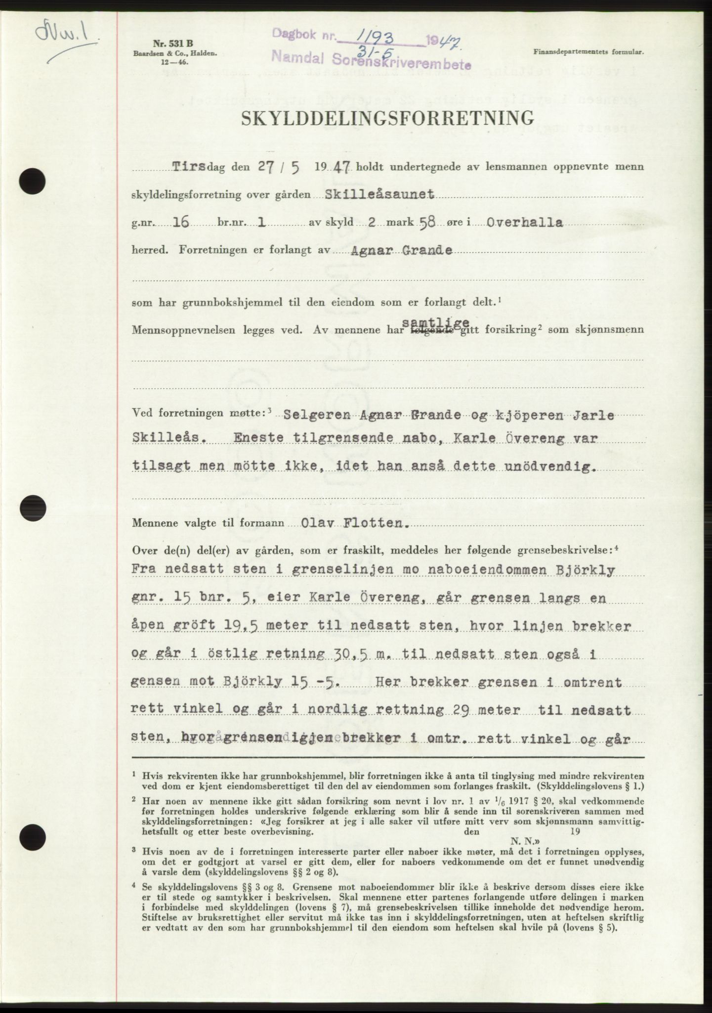Namdal sorenskriveri, SAT/A-4133/1/2/2C: Pantebok nr. -, 1947-1947, Dagboknr: 1193/1947