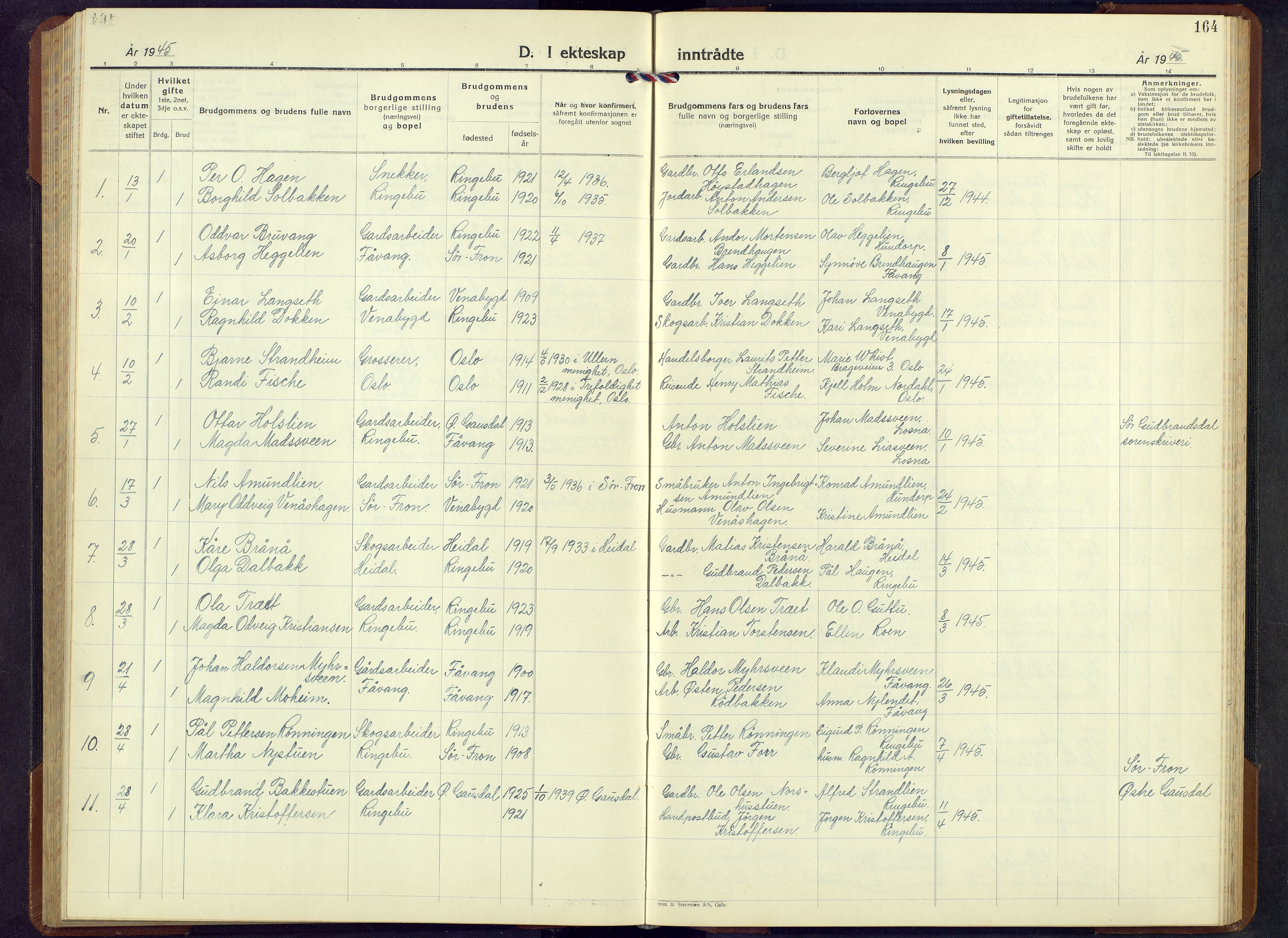 Ringebu prestekontor, SAH/PREST-082/H/Ha/Hab/L0013: Klokkerbok nr. 13, 1943-1956, s. 164