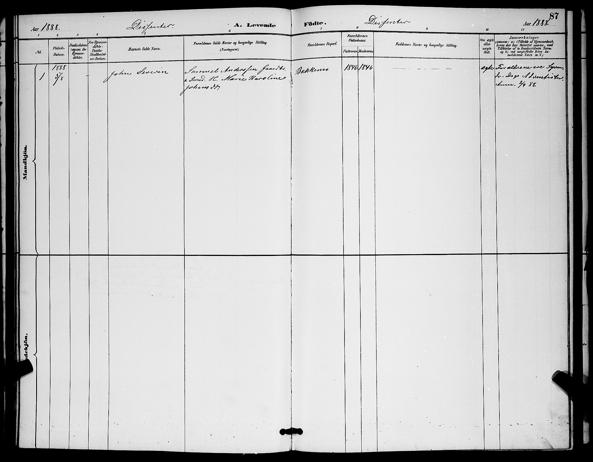 Ibestad sokneprestembete, SATØ/S-0077/H/Ha/Hab/L0015klokker: Klokkerbok nr. 15, 1888-1899, s. 87