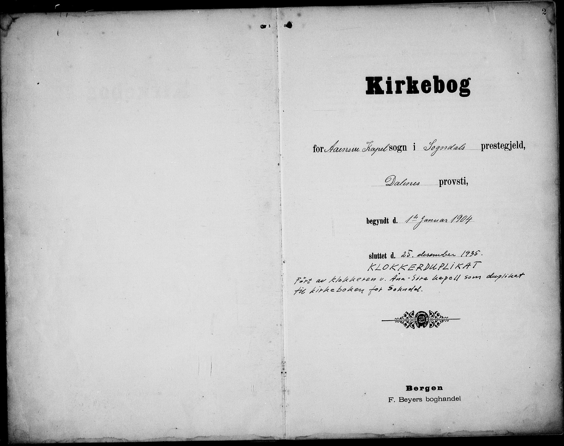 Sokndal sokneprestkontor, SAST/A-101808: Klokkerbok nr. B 7, 1904-1935, s. 2