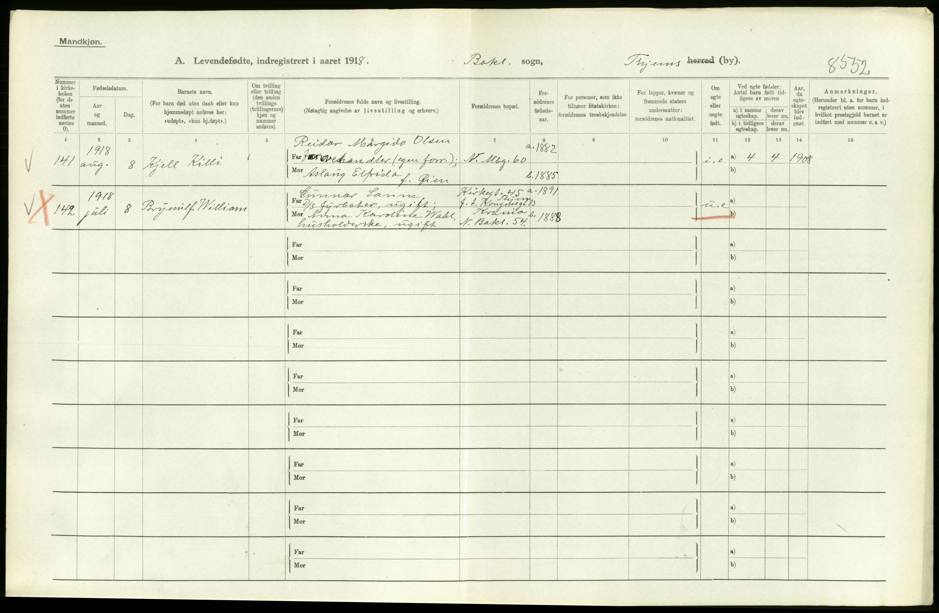 Statistisk sentralbyrå, Sosiodemografiske emner, Befolkning, RA/S-2228/D/Df/Dfb/Dfbh/L0048: Trondheim: Levendefødte menn og kvinner, gifte., 1918, s. 328