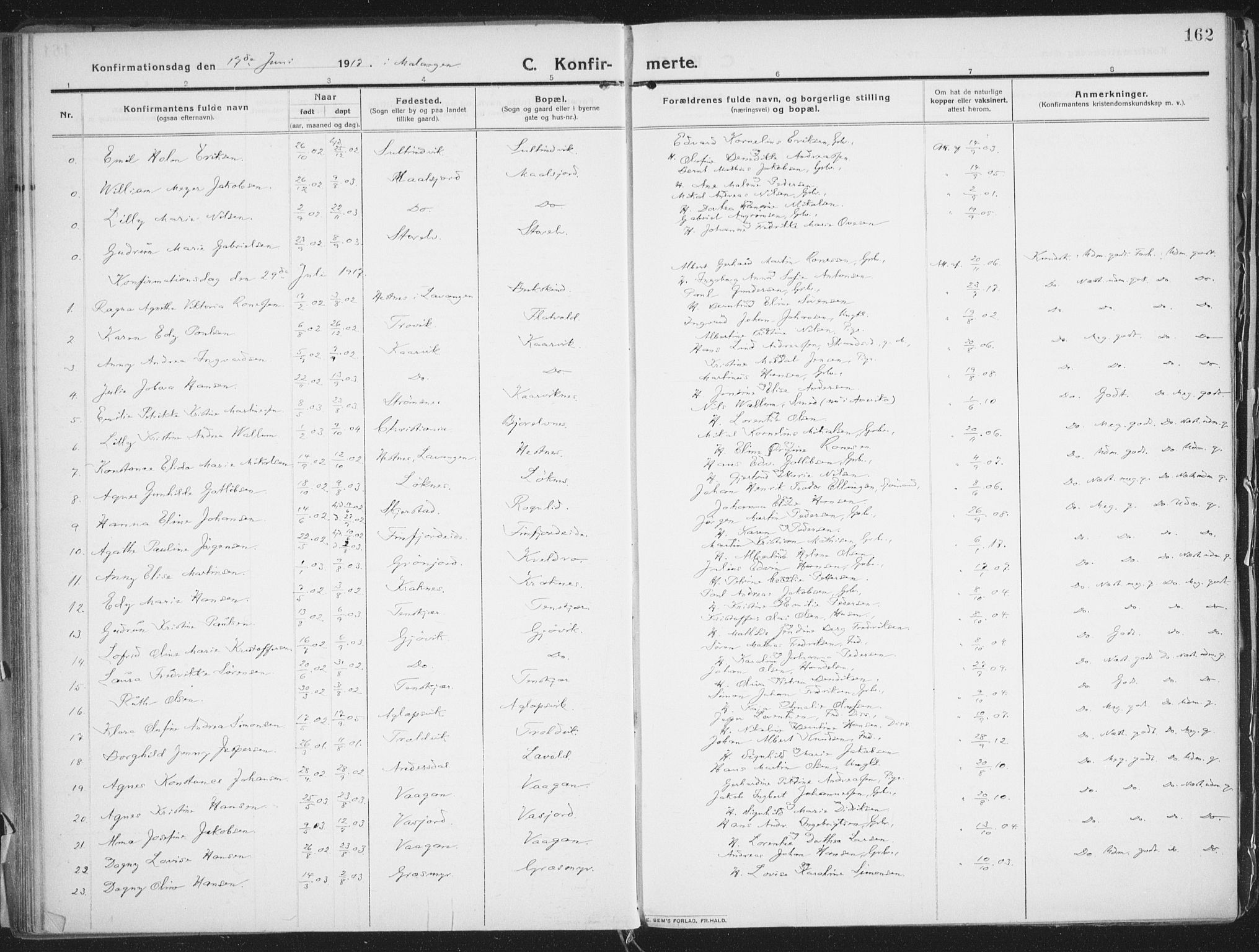 Lenvik sokneprestembete, SATØ/S-1310/H/Ha/Haa/L0016kirke: Ministerialbok nr. 16, 1910-1924, s. 162