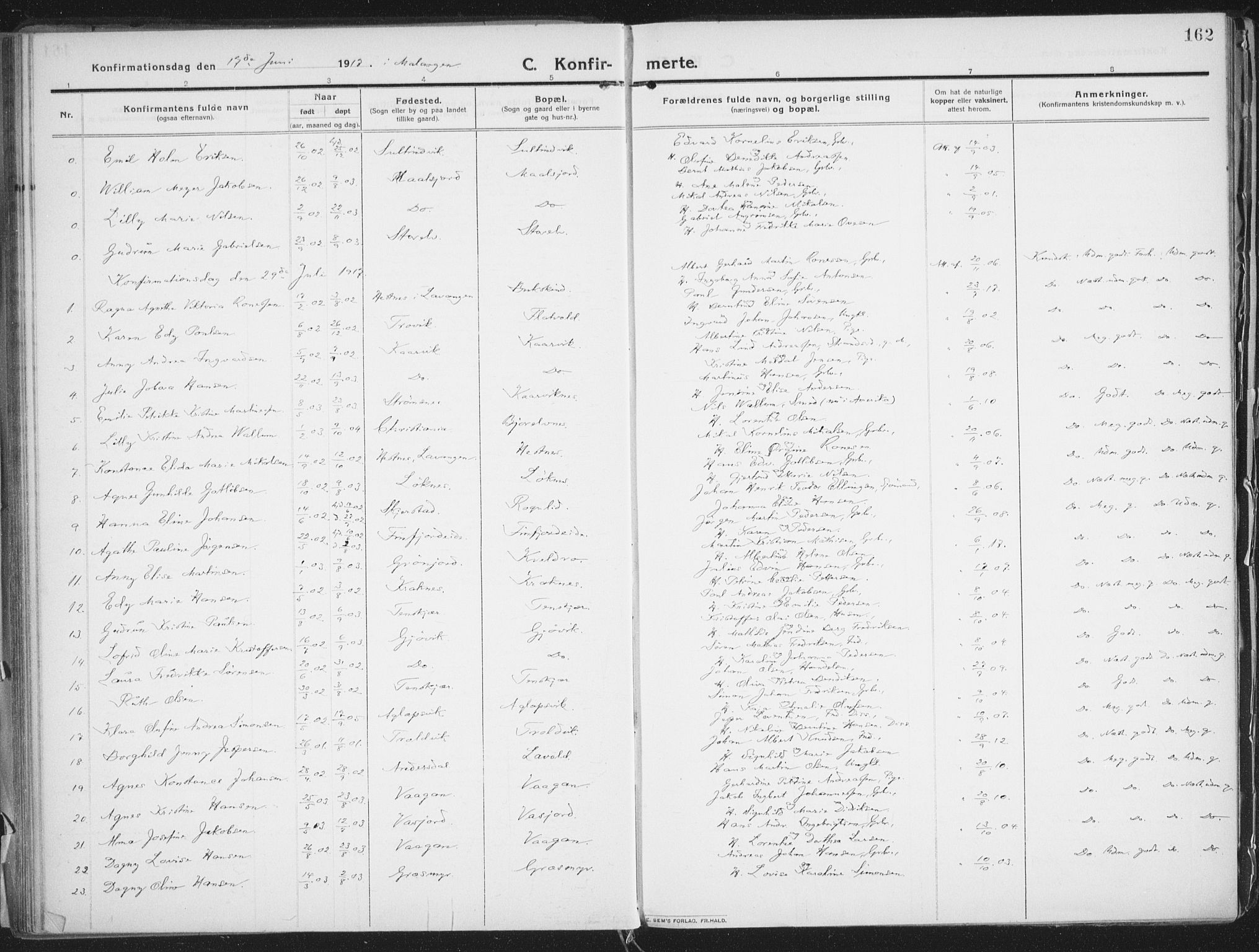 Lenvik sokneprestembete, AV/SATØ-S-1310/H/Ha/Haa/L0016kirke: Ministerialbok nr. 16, 1910-1924, s. 162