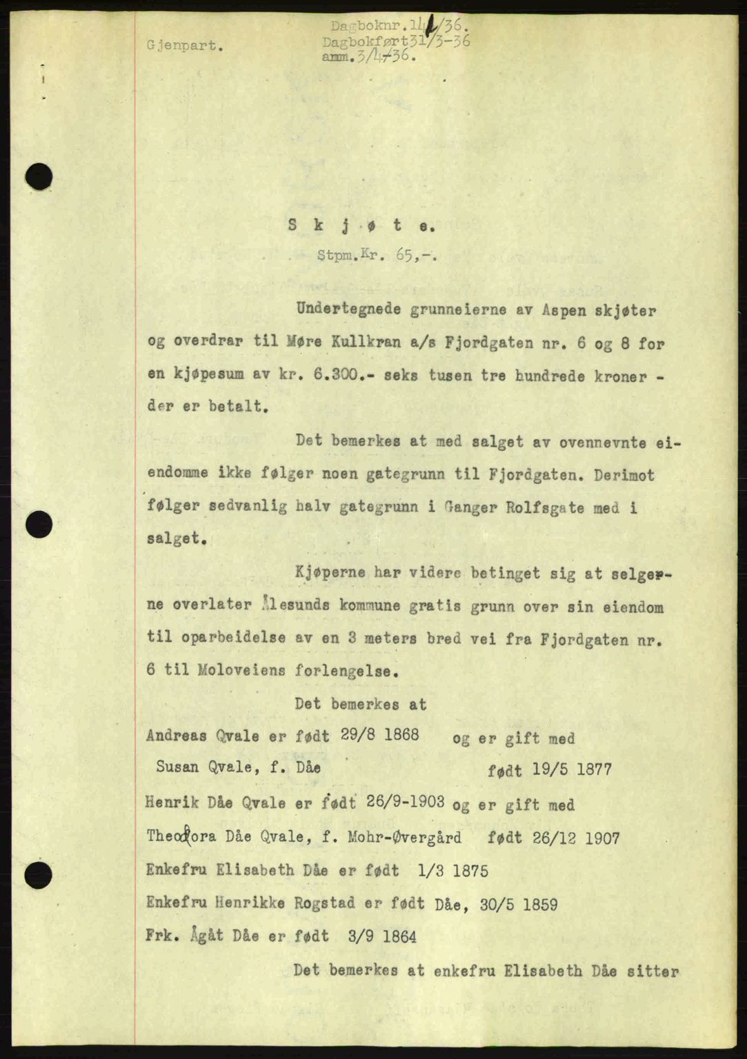 Ålesund byfogd, AV/SAT-A-4384: Pantebok nr. 34 I, 1936-1938, Dagboknr: 141/1936