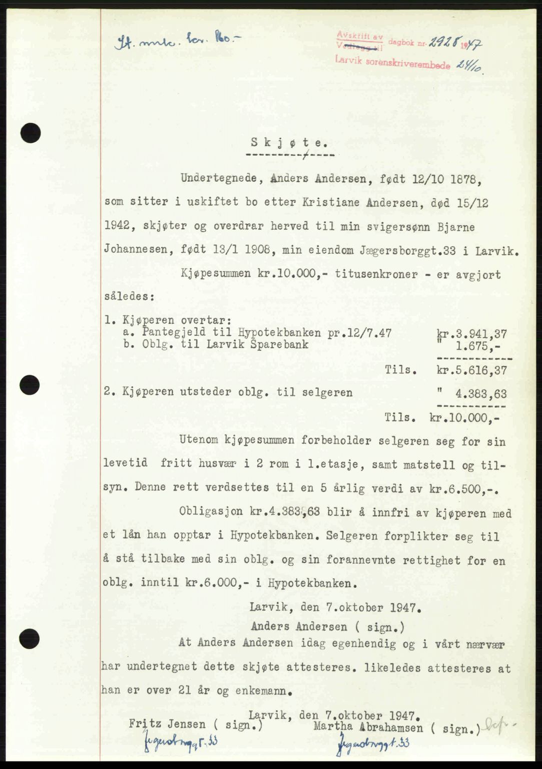 Larvik sorenskriveri, SAKO/A-83/G/Ga/Gab/L0085: Pantebok nr. A-19, 1947-1948, Dagboknr: 2928/1947