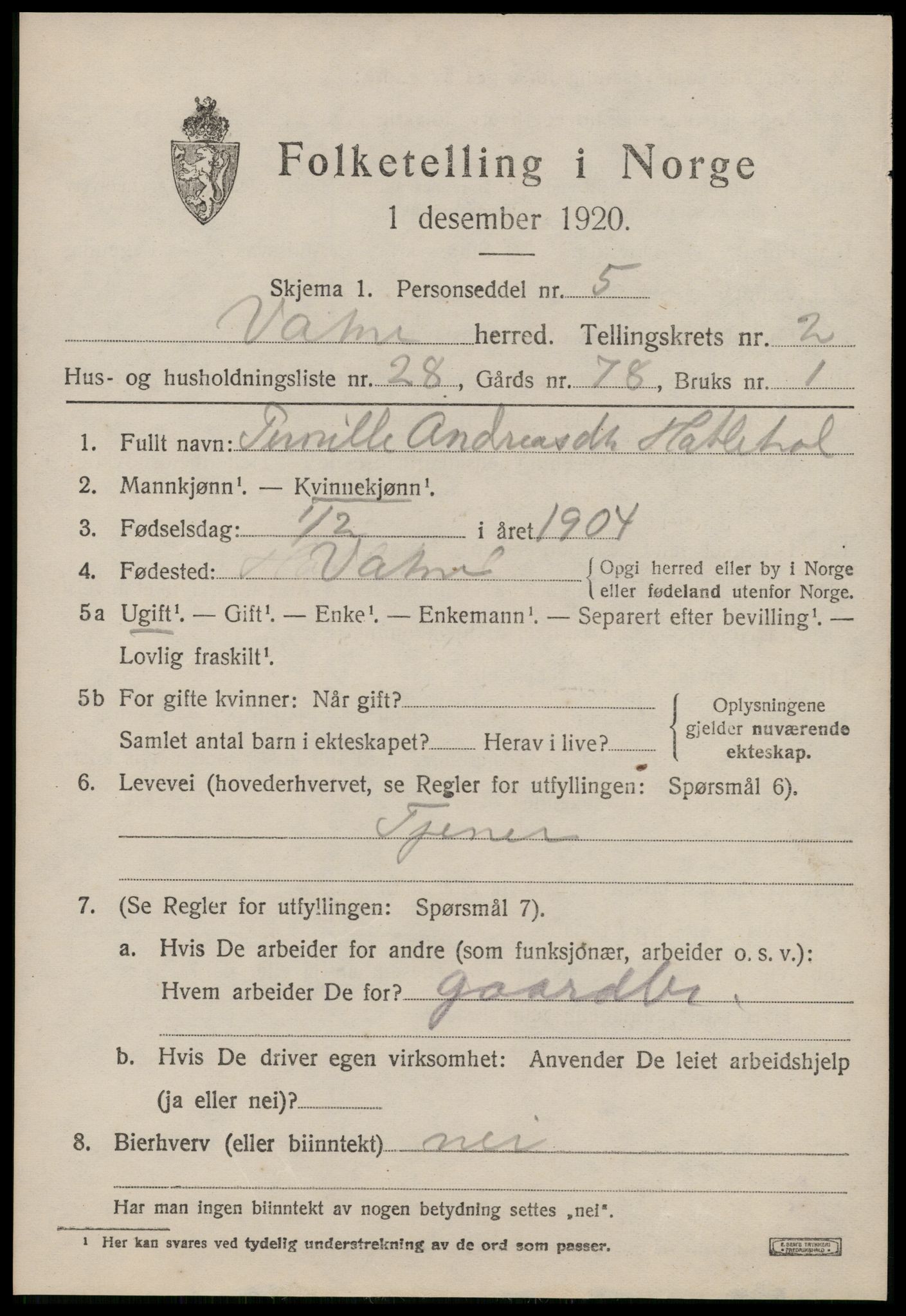 SAT, Folketelling 1920 for 1530 Vatne herred, 1920, s. 1394