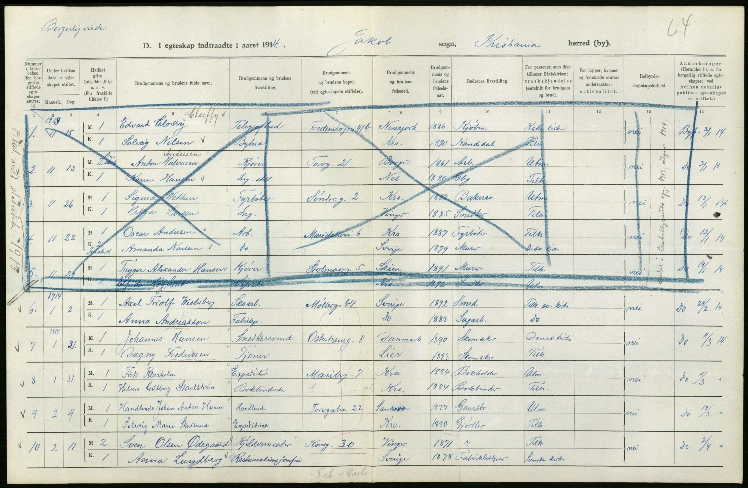Statistisk sentralbyrå, Sosiodemografiske emner, Befolkning, AV/RA-S-2228/D/Df/Dfb/Dfbd/L0007: Kristiania: Gifte, 1914, s. 10