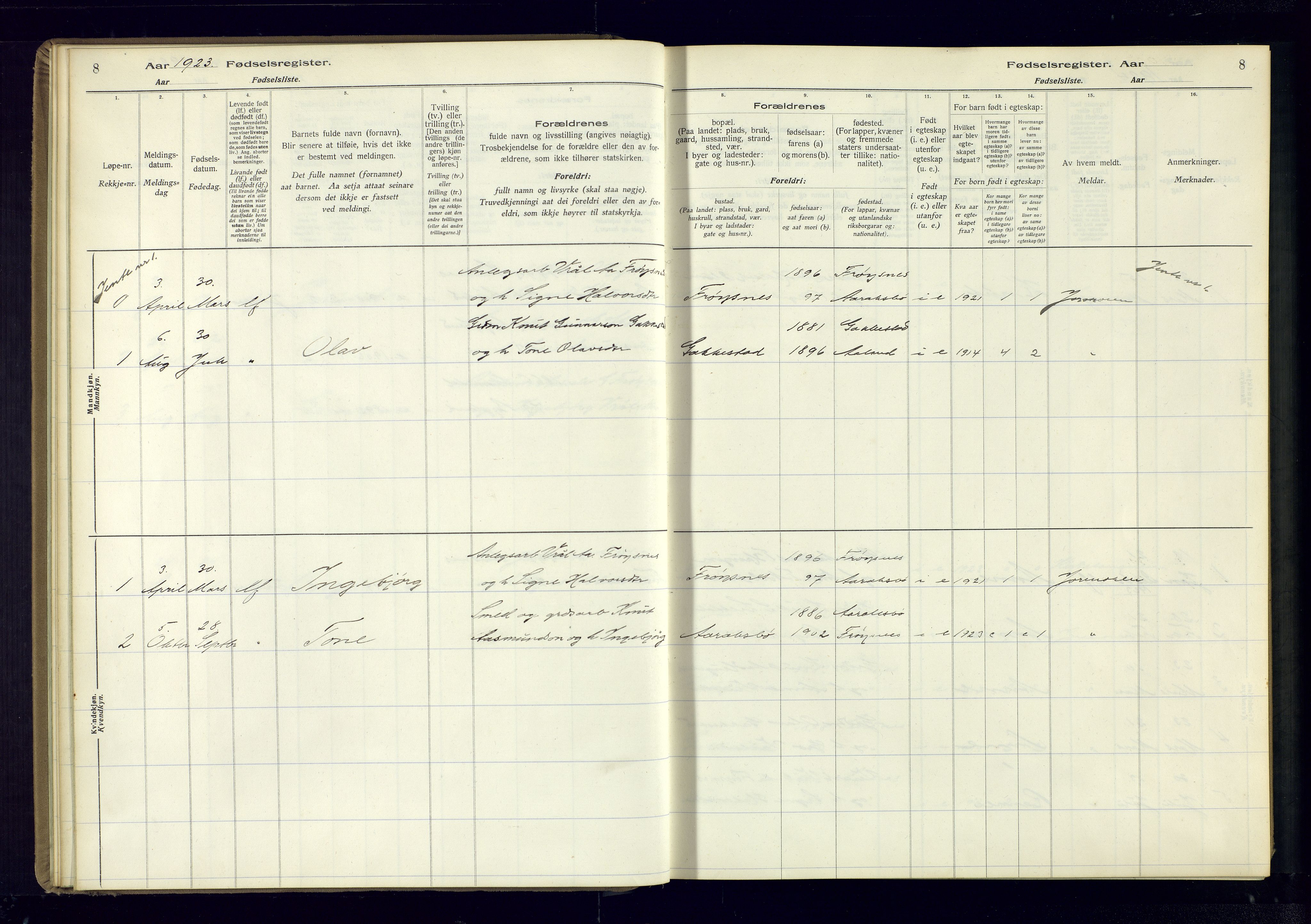 Bygland sokneprestkontor, SAK/1111-0006/J/Ja/L0003: Fødselsregister nr. II.4.4, 1916-1980, s. 8