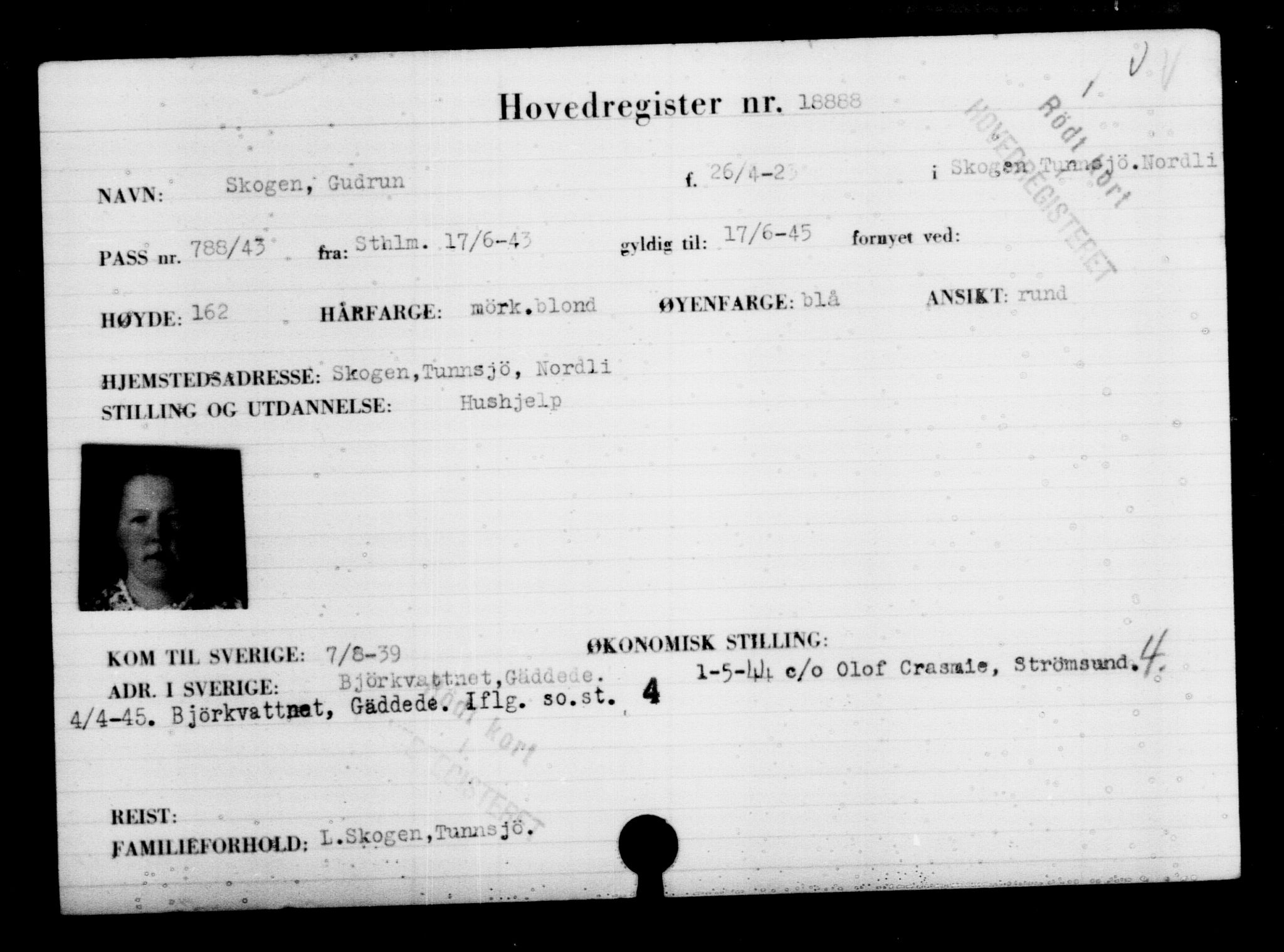 Utenriksstasjonene, Legasjonen i Stockholm, Flyktningkontoret, AV/RA-S-6753/V/Va/L0009: Kjesäterkartoteket, flyktninger med registreringsnr. 18502-22048, 1940-1945, s. 457
