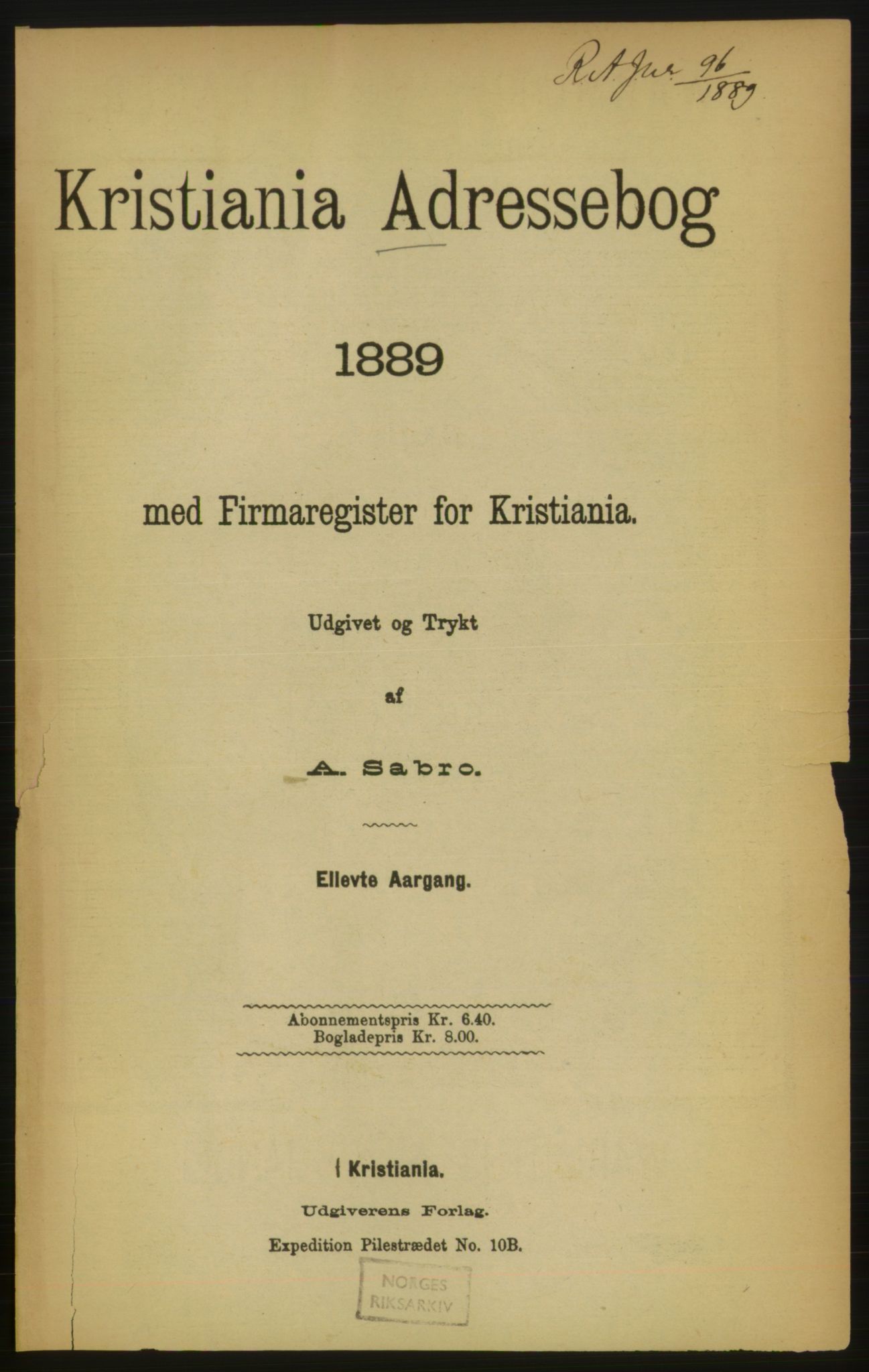 Kristiania/Oslo adressebok, PUBL/-, 1889