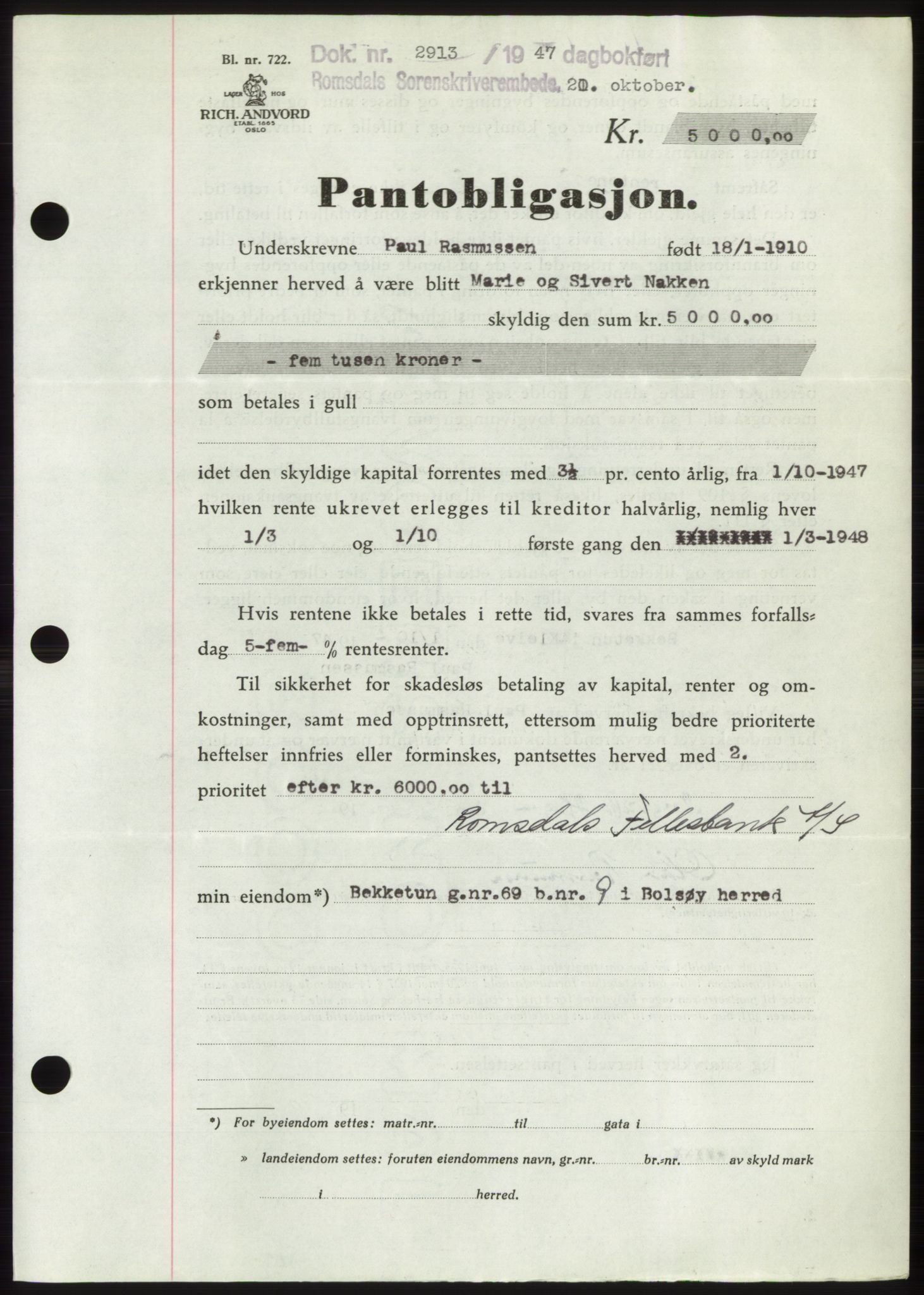 Romsdal sorenskriveri, SAT/A-4149/1/2/2C: Pantebok nr. B3, 1946-1948, Dagboknr: 2913/1947