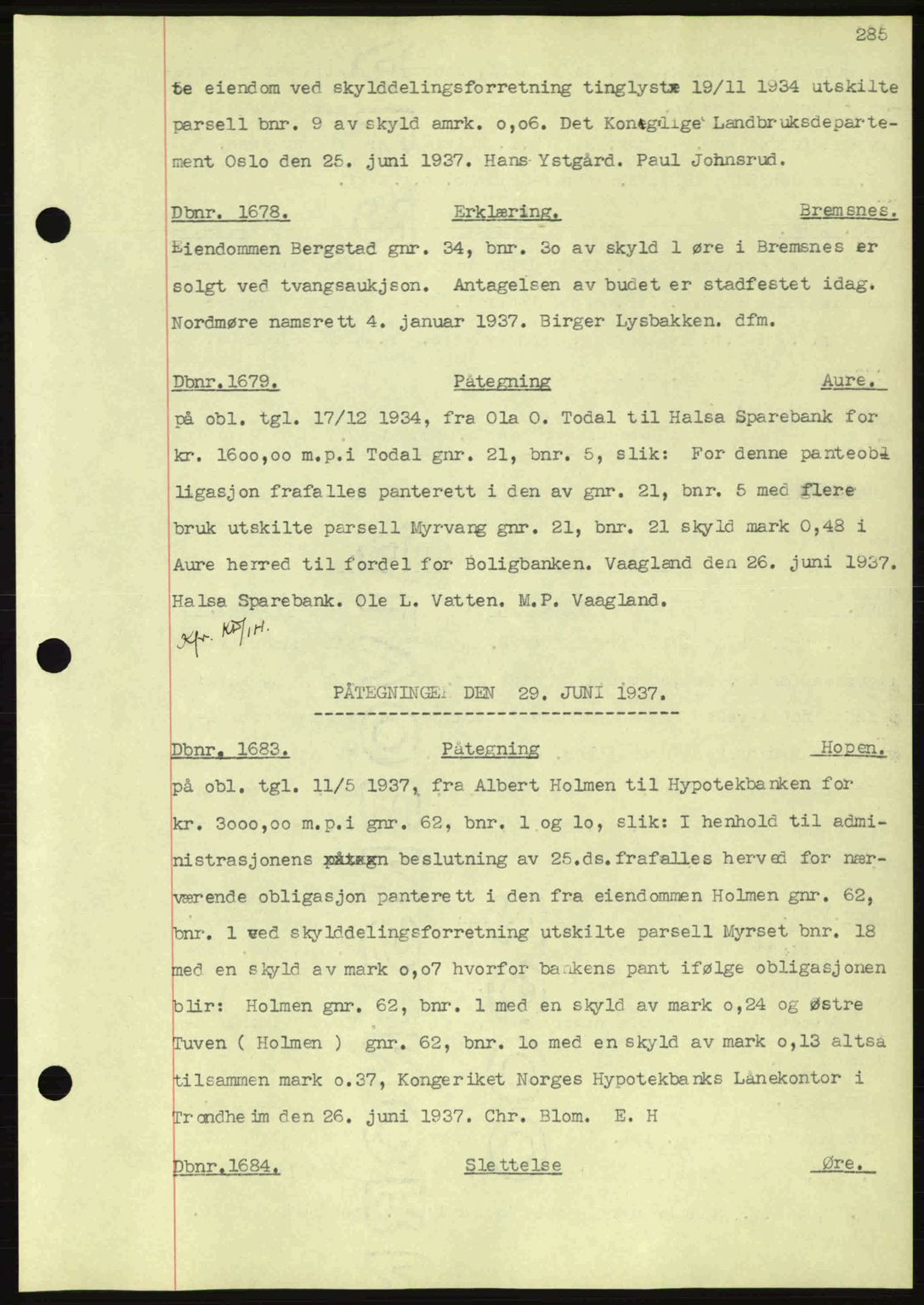 Nordmøre sorenskriveri, SAT/A-4132/1/2/2Ca: Pantebok nr. C80, 1936-1939, Dagboknr: 1678/1937