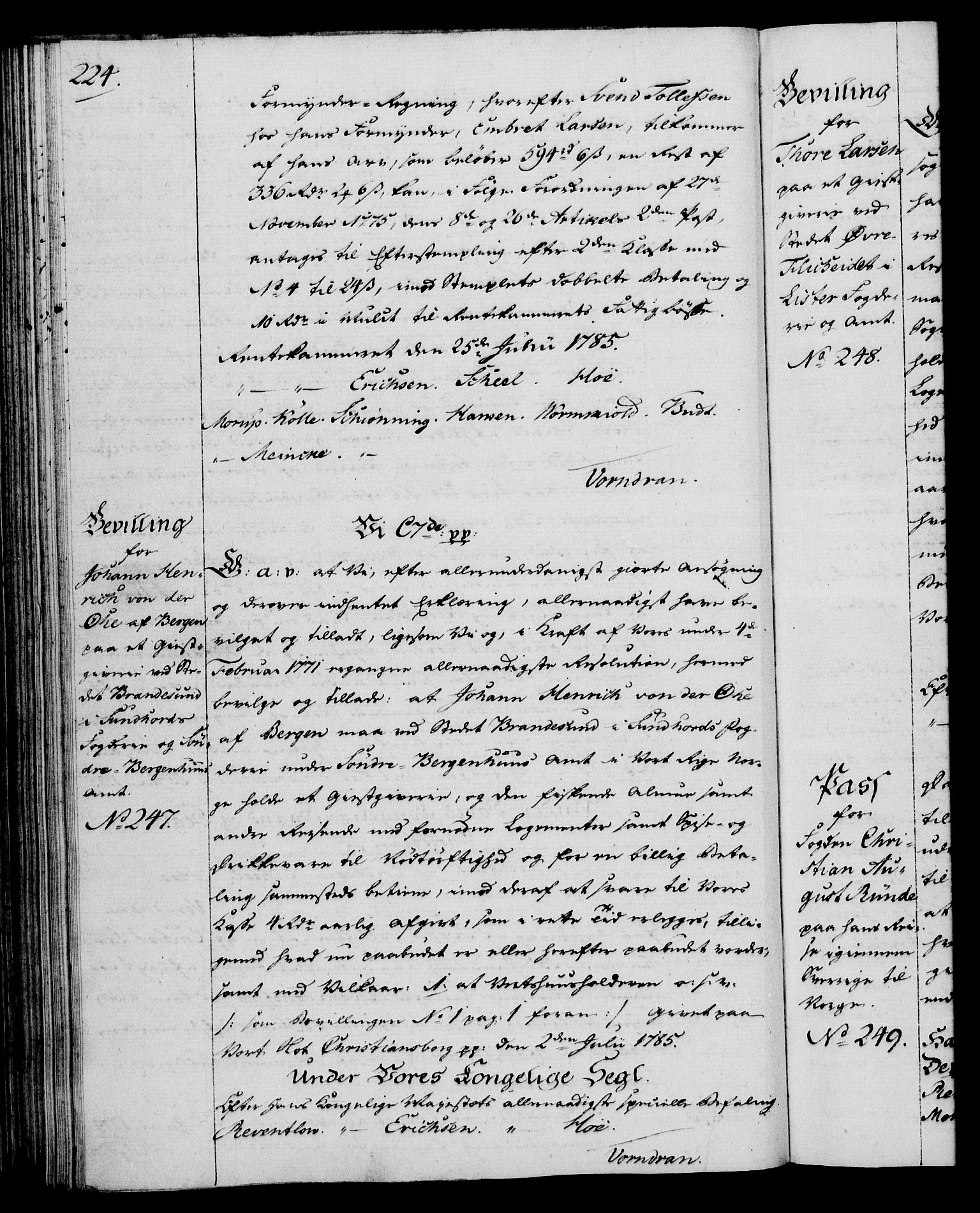 Rentekammeret, Kammerkanselliet, RA/EA-3111/G/Gg/Gga/L0013: Norsk ekspedisjonsprotokoll med register (merket RK 53.13), 1784-1787, s. 224