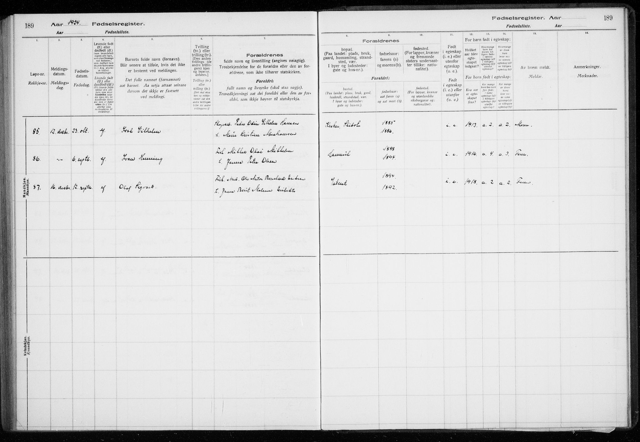 Lyngen sokneprestembete, SATØ/S-1289/I/Ia/L0075: Fødselsregister nr. 75, 1916-1924, s. 189