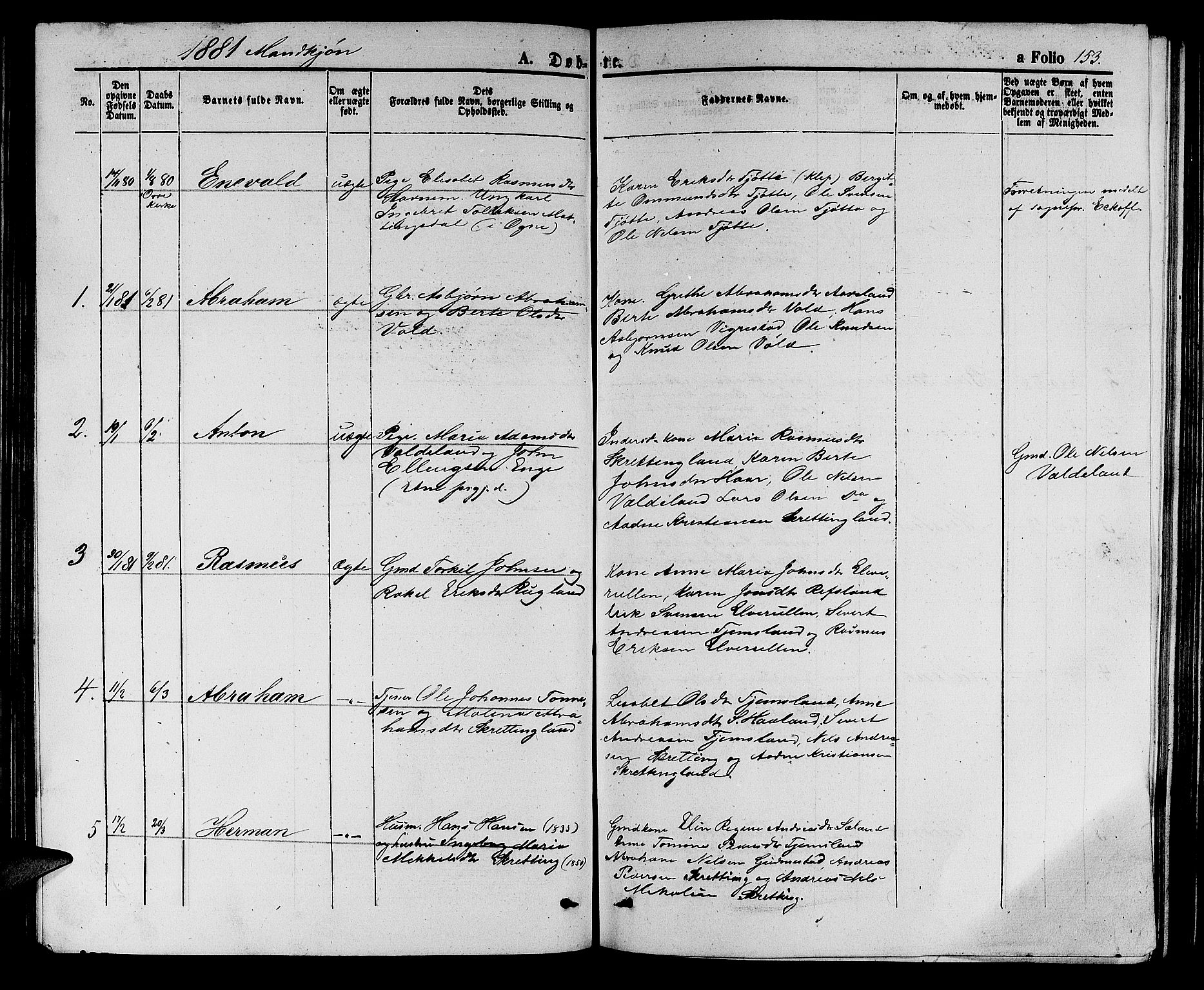 Hå sokneprestkontor, AV/SAST-A-101801/001/30BB/L0002: Klokkerbok nr. B 2, 1854-1883, s. 153